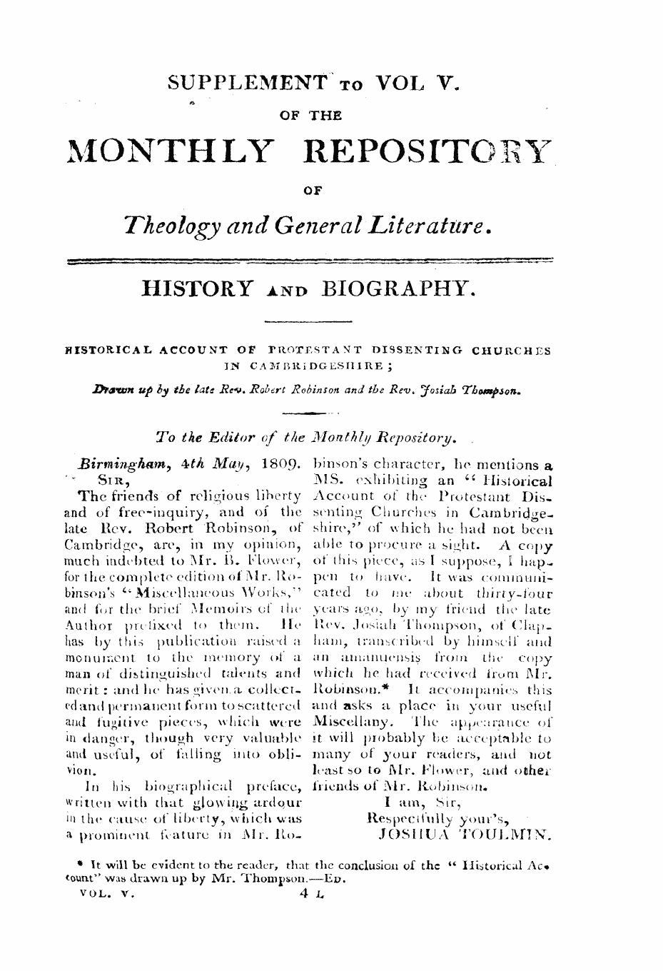 Monthly Repository (1806-1838) and Unitarian Chronicle (1832-1833): F Y, 1st edition, Supplement: 1