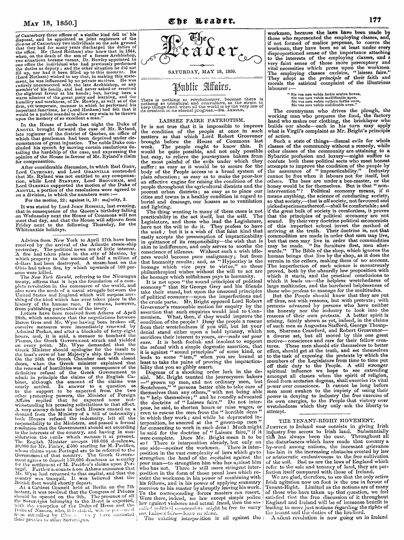 Leader (1850-1860): jS F Y, Country edition - Saturday, May 18, 1850.
