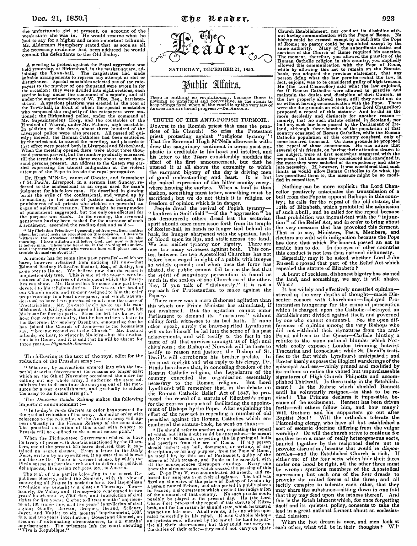 Leader (1850-1860): jS F Y, Country edition - Dec. 21, 1850.] Wt-Fyt Ilt&Tlt V* 923