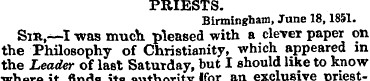 PRIESTS. Birmingham, June 18,1851. Si»,—...
