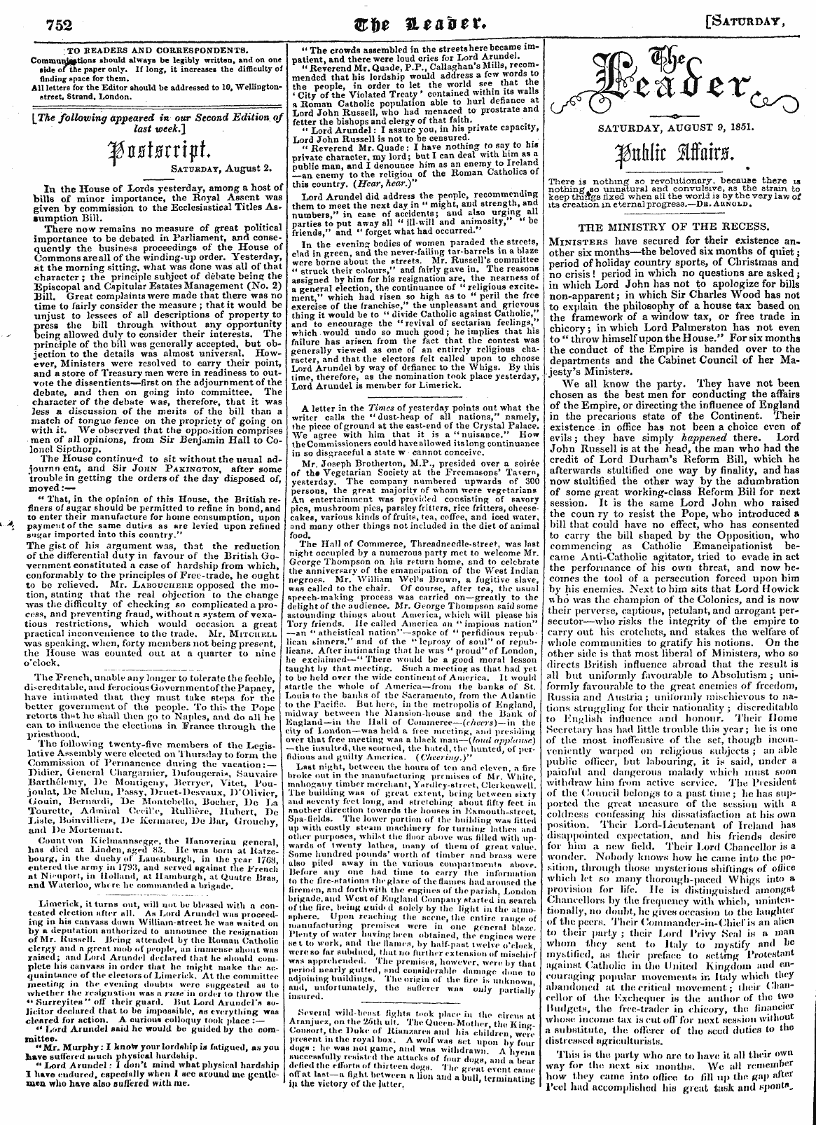 Leader (1850-1860): jS F Y, Country edition - 752 Sfte Vlta^Et. [Saturday,