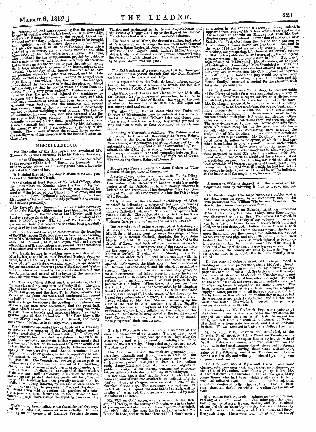 Leader (1850-1860): jS F Y, Country edition - March 6, 1852.] The Leader. 223
