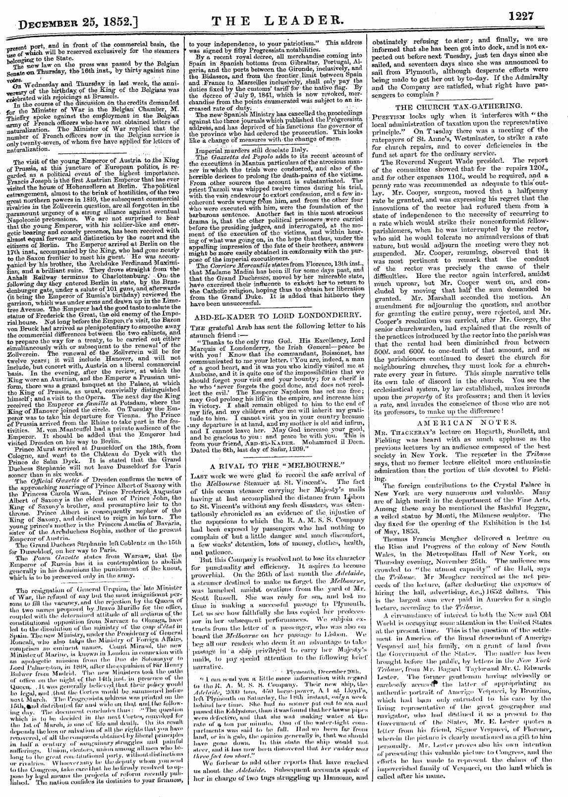 Leader (1850-1860): jS F Y, Country edition - Dec Ember 25, 1852.] The Leader. 1227