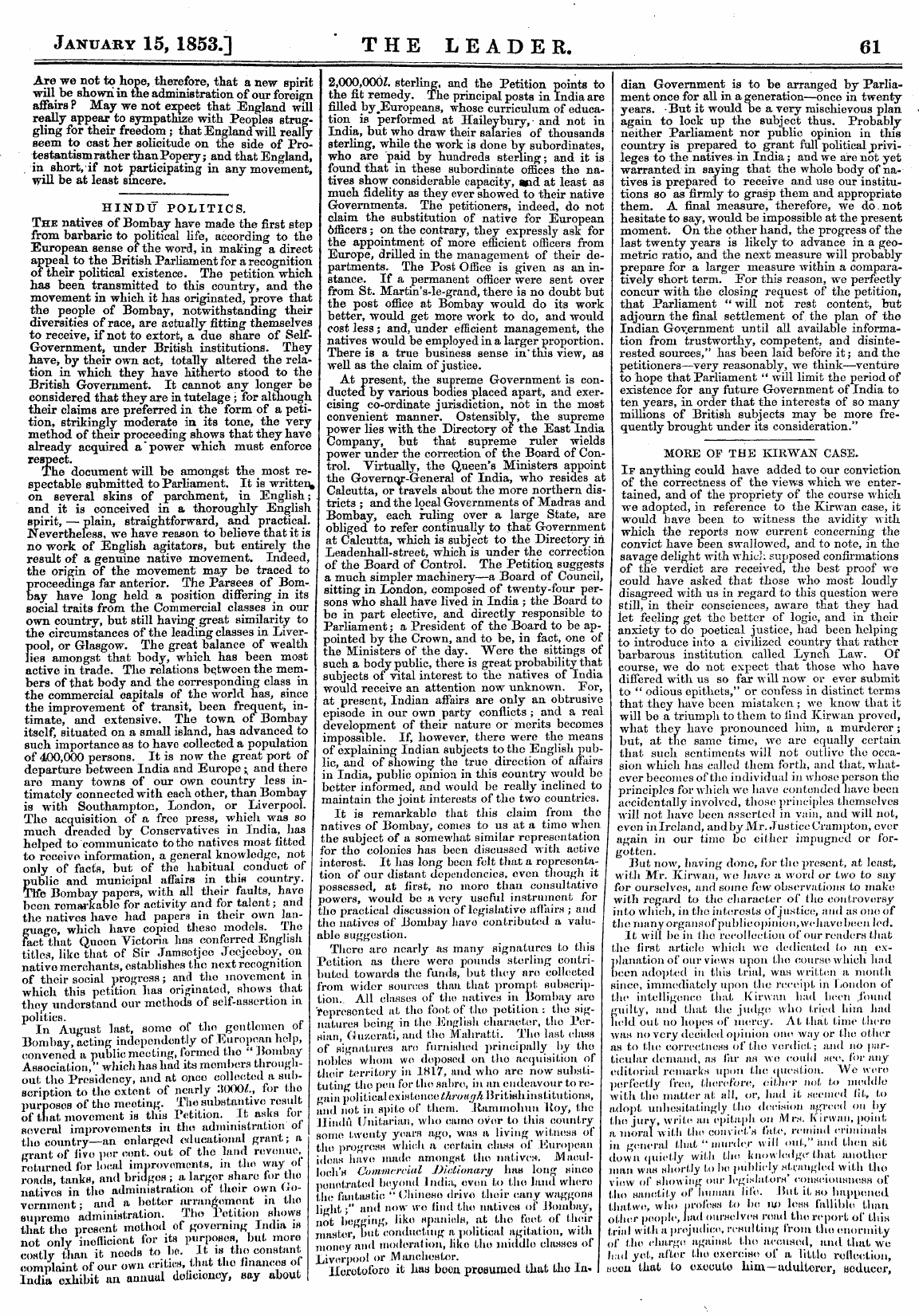 Leader (1850-1860): jS F Y, Country edition - January 15, 1853.] ' The Leader. 61