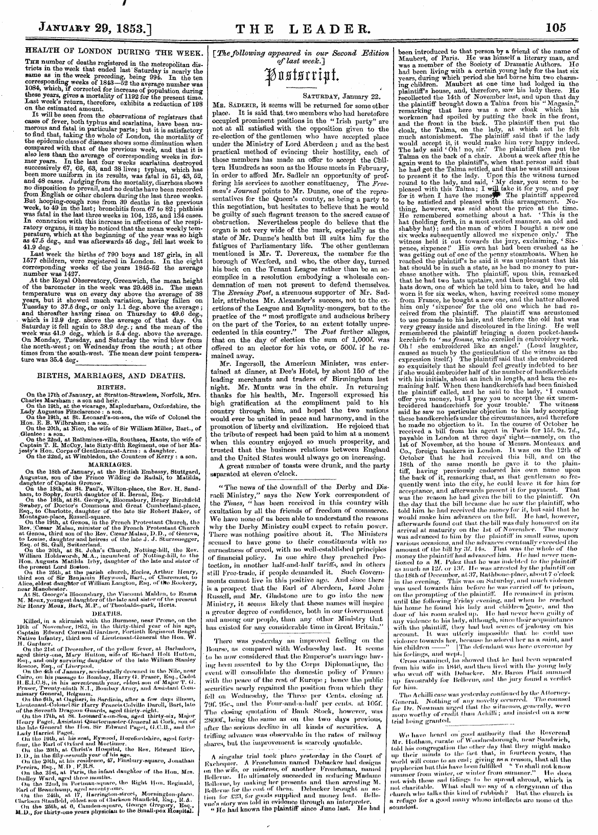 Leader (1850-1860): jS F Y, Country edition - " The News Of The Downfall Of The Derby ...