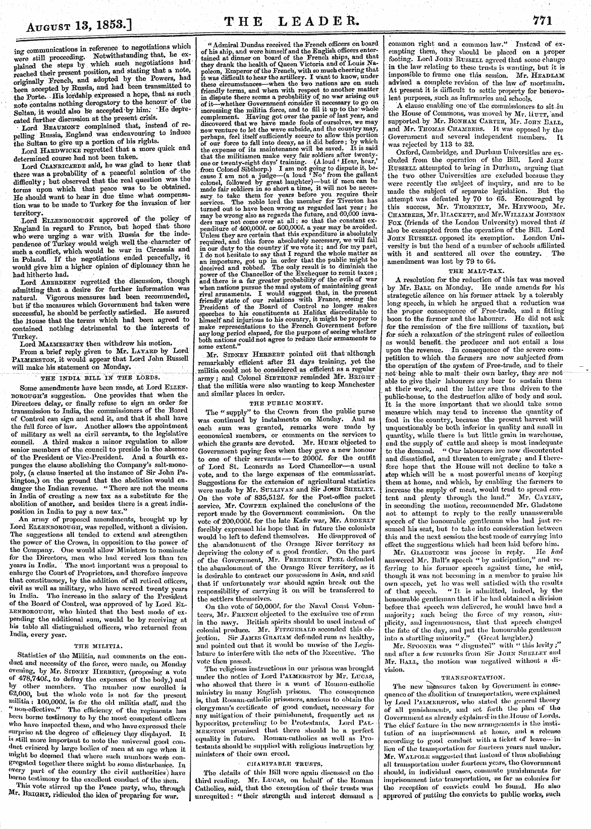 Leader (1850-1860): jS F Y, Country edition - August 13, 1853.] The Leader. Ill