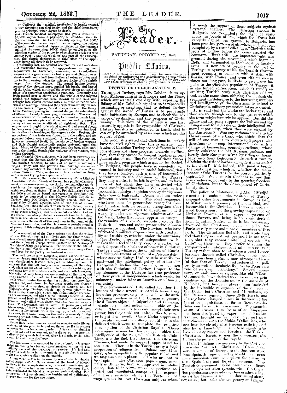 Leader (1850-1860): jS F Y, Country edition - Saturday, October 22, 1853.