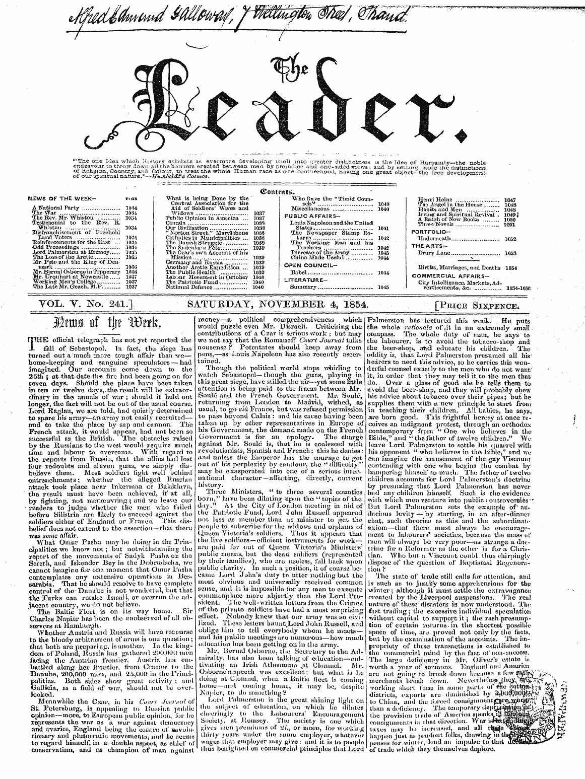 Leader (1850-1860): jS F Y, Country edition - The Official Telegraph Lias Not Yet Repo...