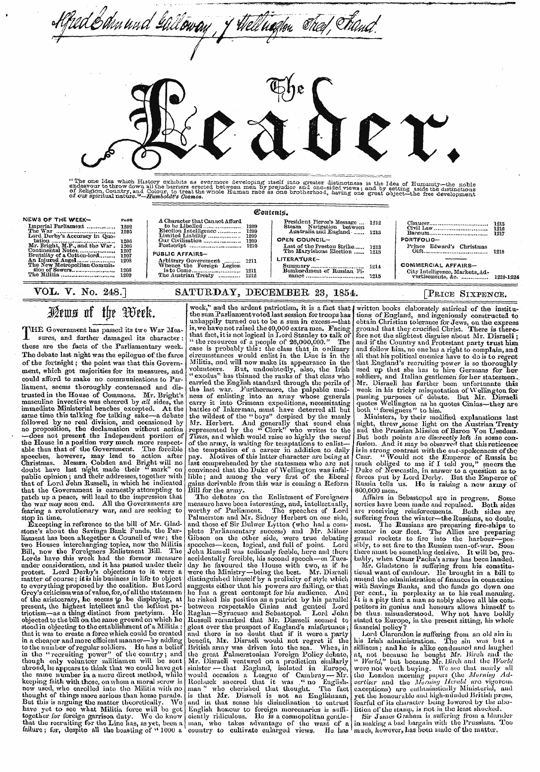 Leader (1850-1860): jS F Y, 2nd edition - Vox.. V. No. 248.] Saturday, December 23...