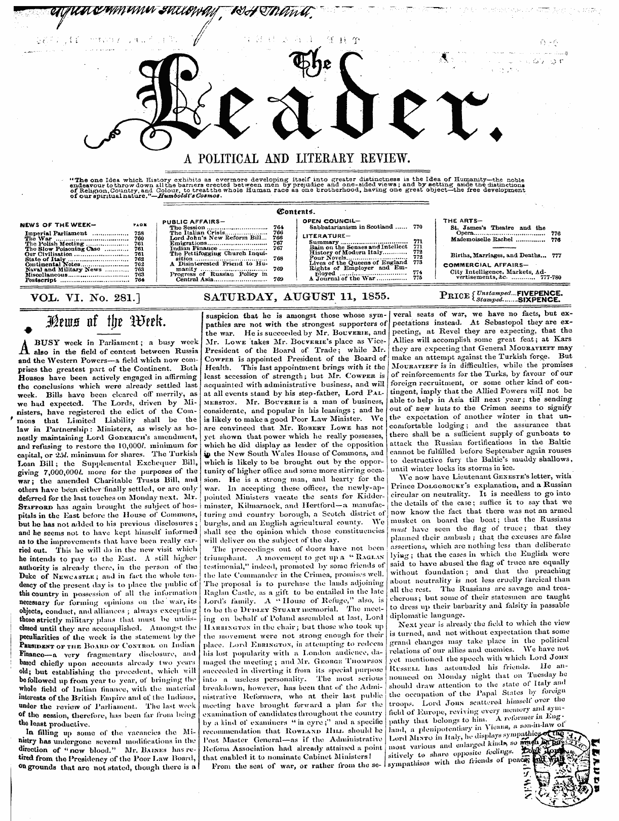 Leader (1850-1860): jS F Y, 2nd edition - Vccl. Vi. No. 281.] Saturday, August 11,...
