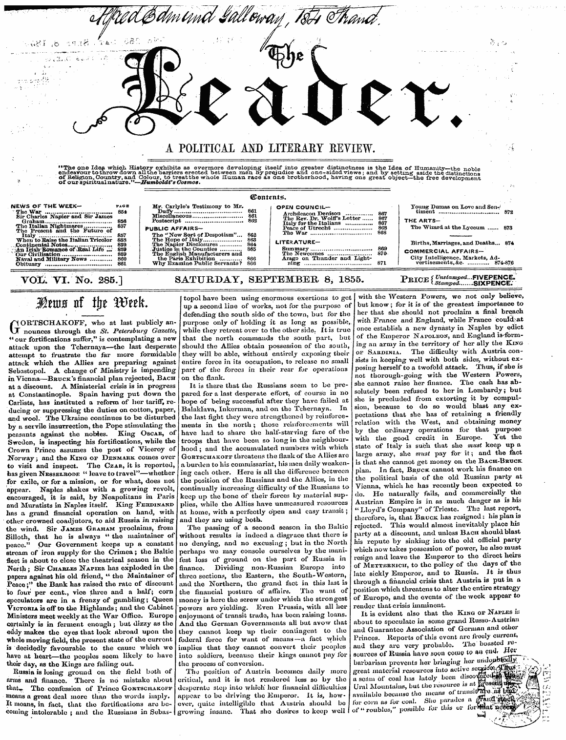 Leader (1850-1860): jS F Y, 2nd edition - V<M Vi. No. 285.] Saturday, September 8,...