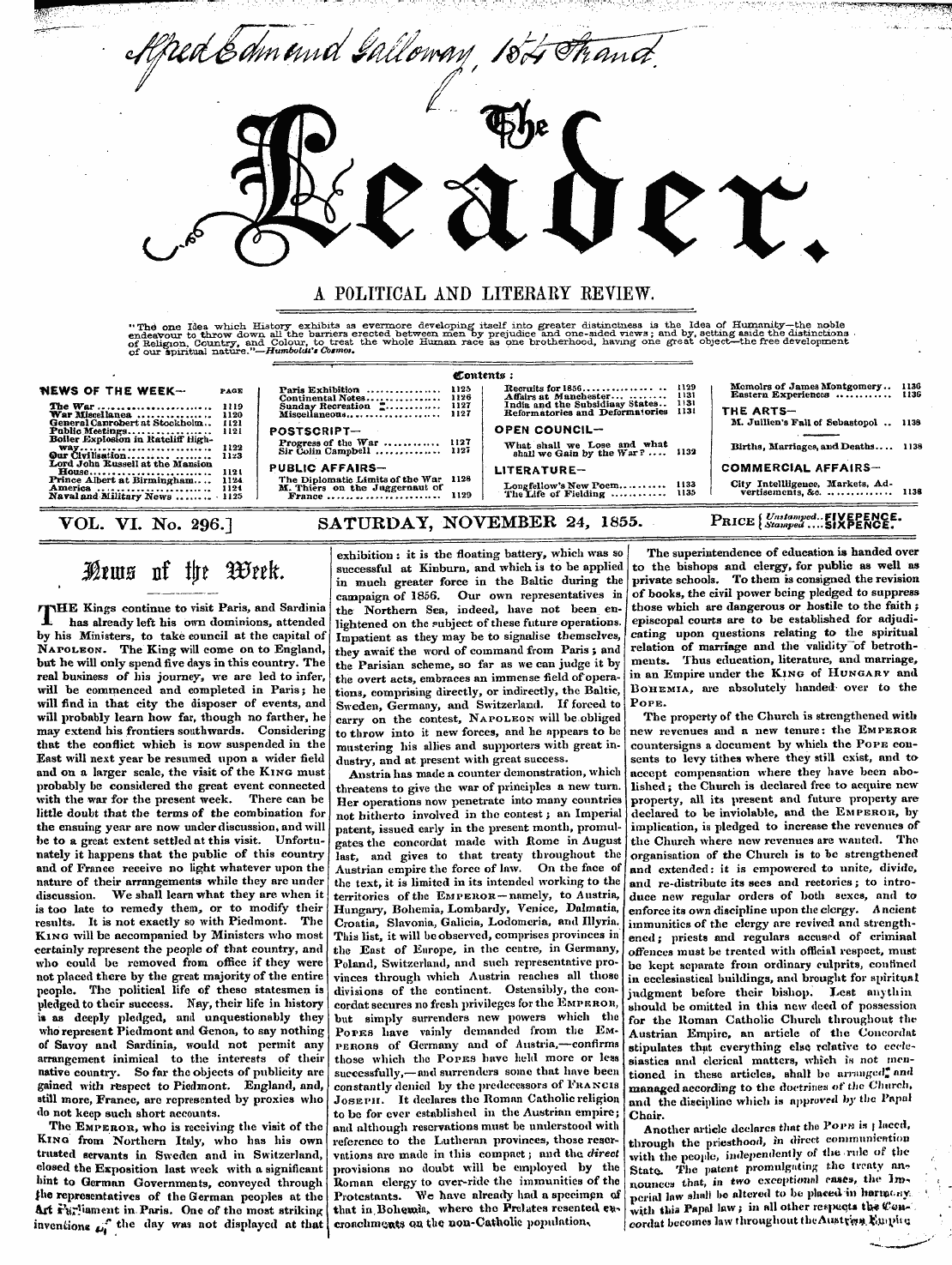 Leader (1850-1860): jS F Y, 2nd edition - Contents: