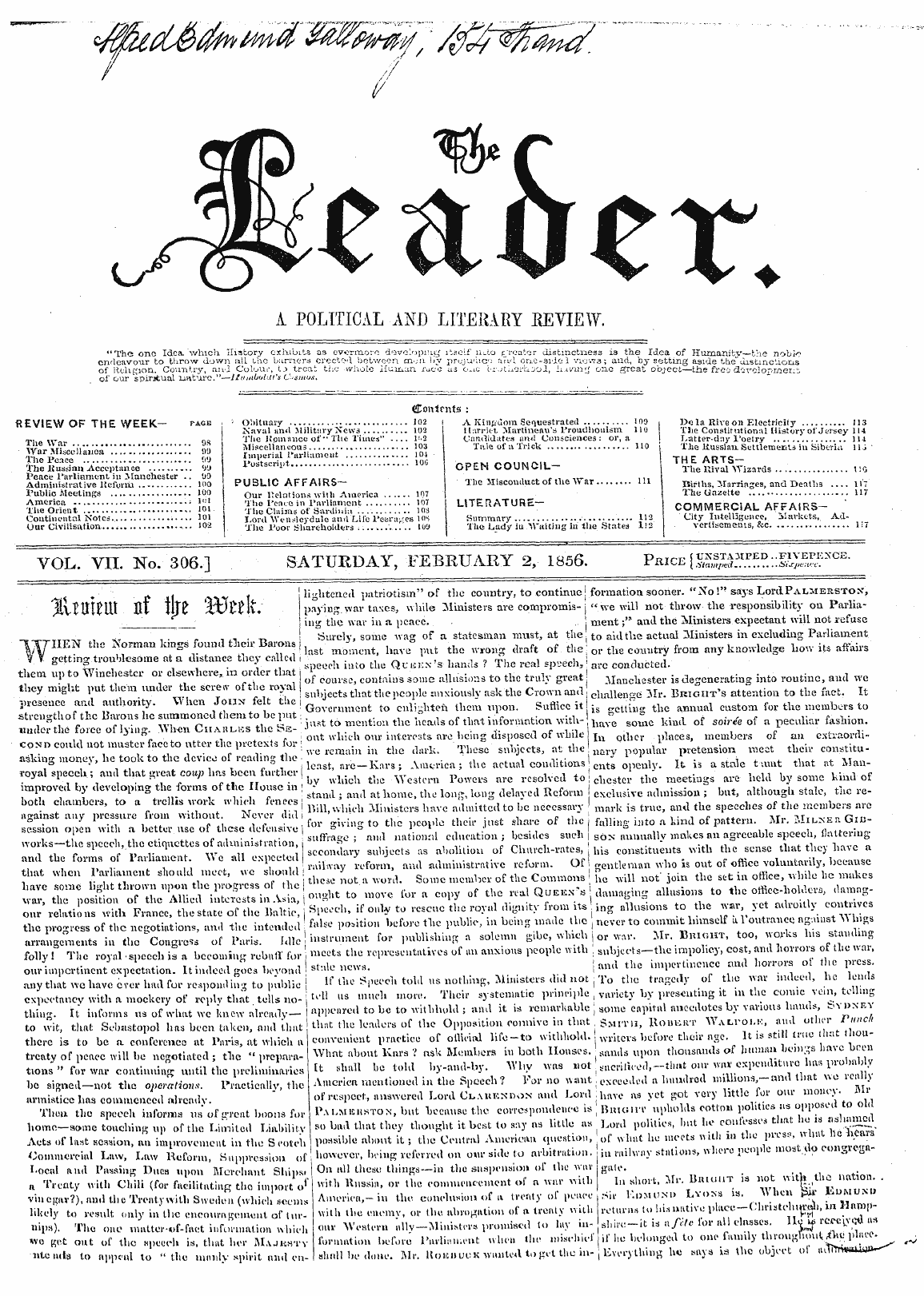 Leader (1850-1860): jS F Y, 2nd edition - Review Of The Week— Page , • Obituary 10...
