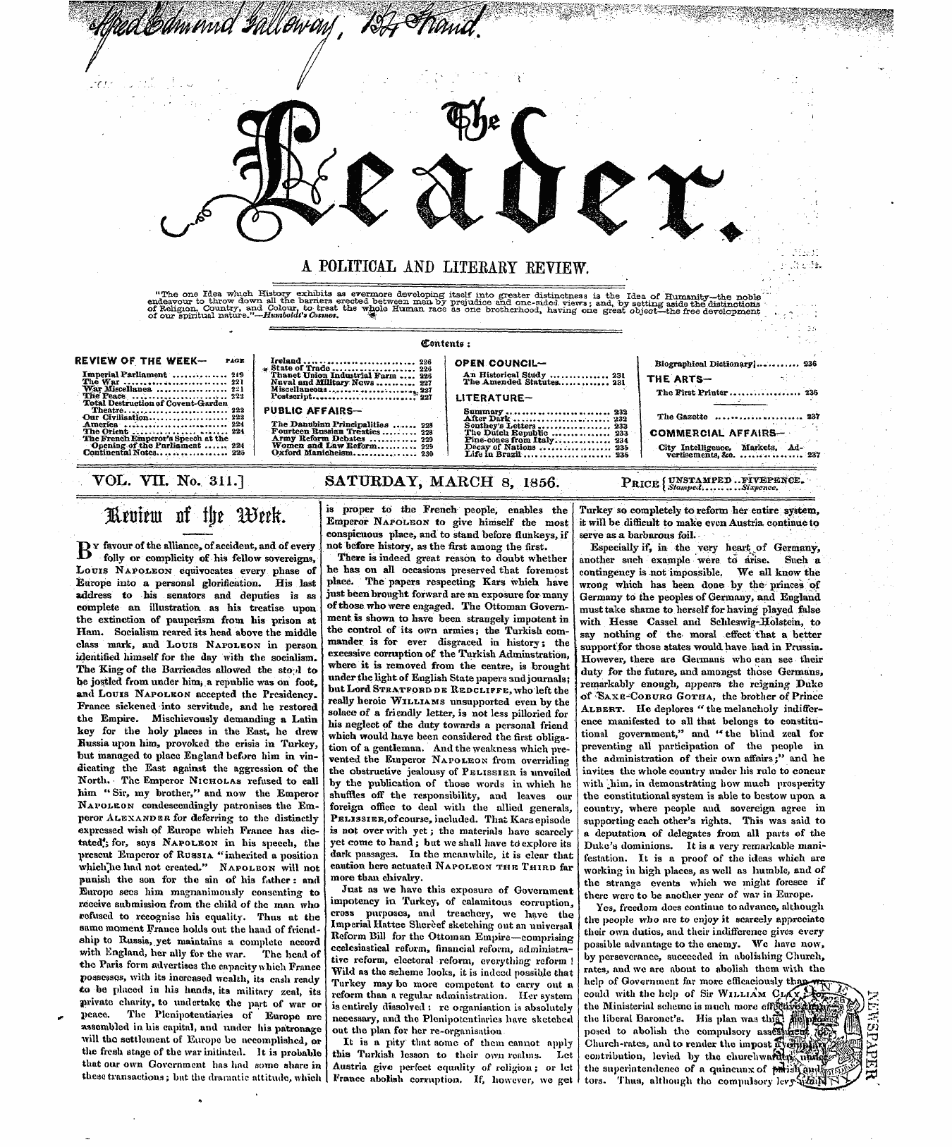 Leader (1850-1860): jS F Y, 2nd edition - "The One Idea Which History- Exhibits As...