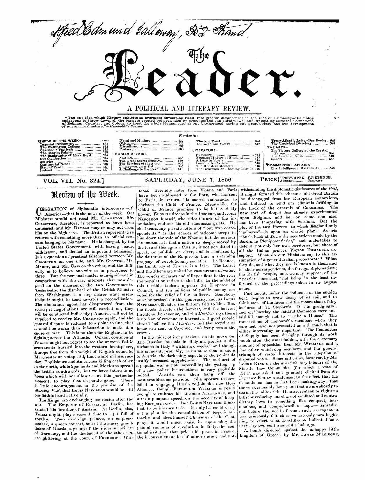 Leader (1850-1860): jS F Y, 2nd edition - Contents :