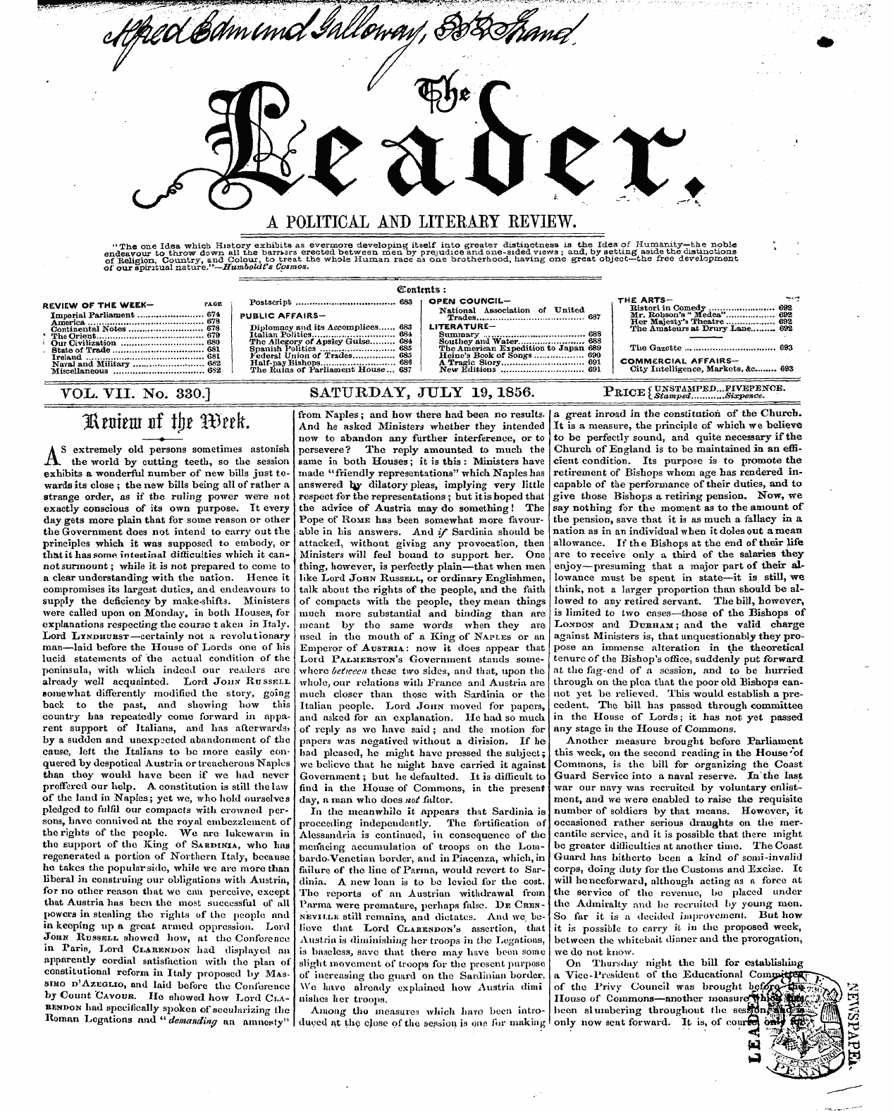 Leader (1850-1860): jS F Y, 2nd edition - You. Vii. No. 330.1 Saturday, July 19,18...
