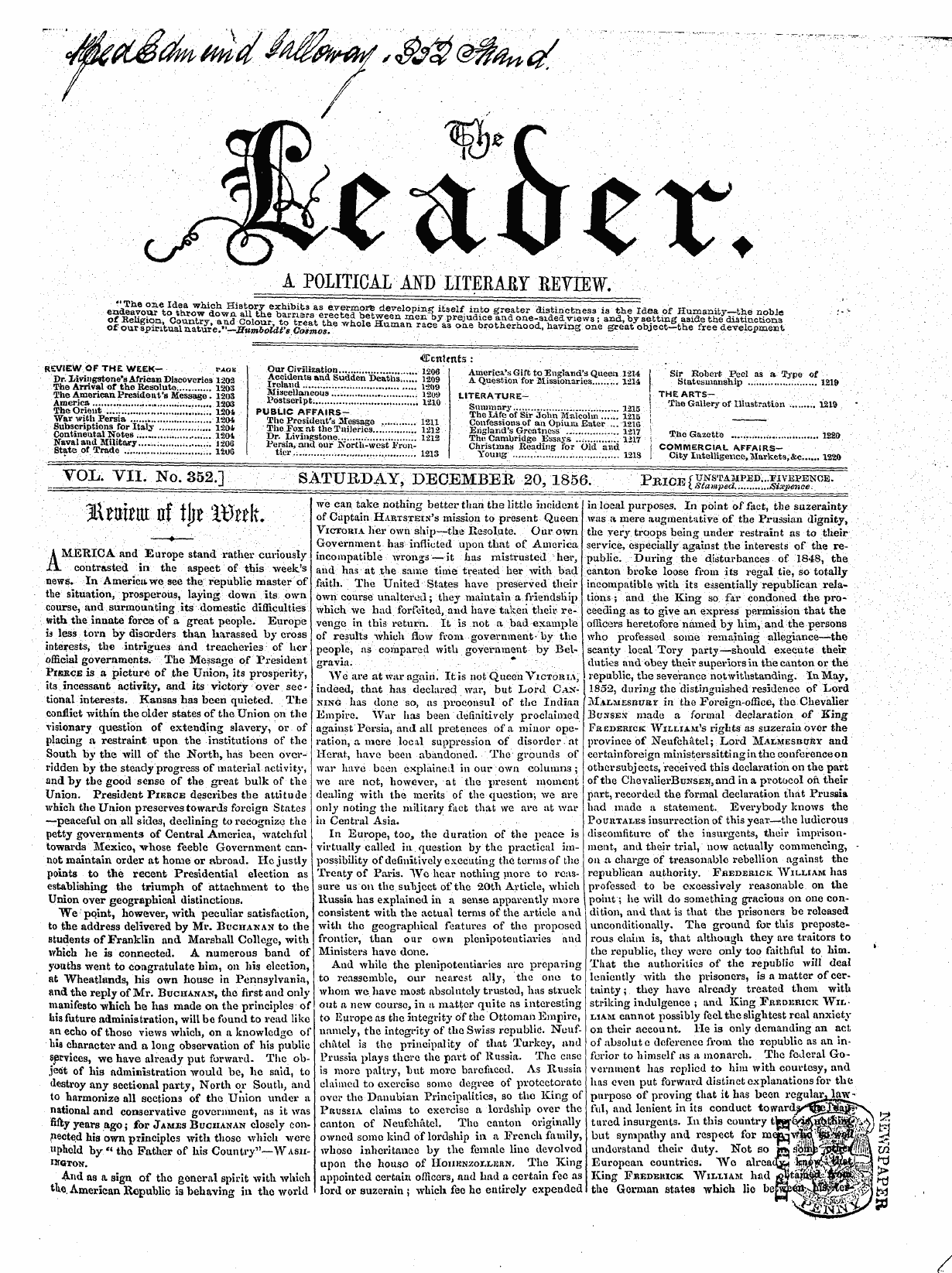 Leader (1850-1860): jS F Y, 2nd edition - ' : , . ¦ • ¦ ., . ¦ ;. ¦¦ ¦ . ¦:¦ ¦ ¦ ¦ .. '¦¦ ' ¦ ' ' : ' ¦ ' . ' ¦ \ " ¦ ' -\ ¦ - , : ' . . . ¦ ¦ ' ' ¦ ' ¦ Contents : ¦ , ¦;/. ; ' . ' . :¦ ¦ • .;..- , . ¦ .;¦ ' ¦¦ ¦ ¦