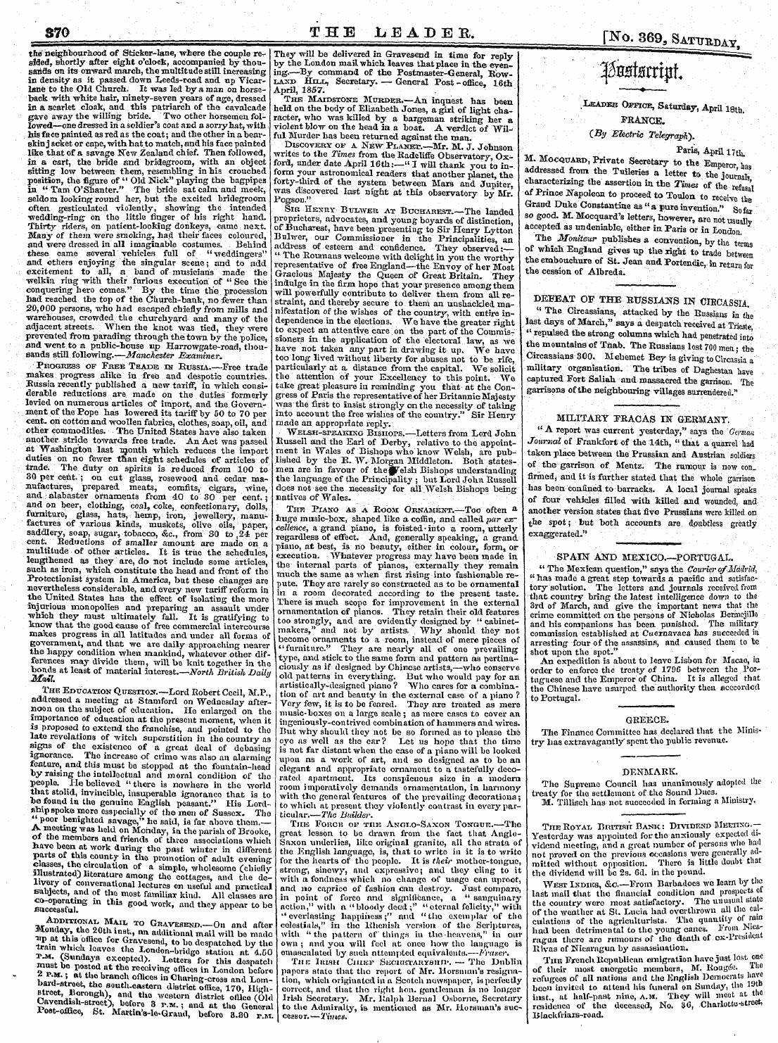Leader (1850-1860): jS F Y, 2nd edition - V . —. Leader Ootice, Saturday, April 18...