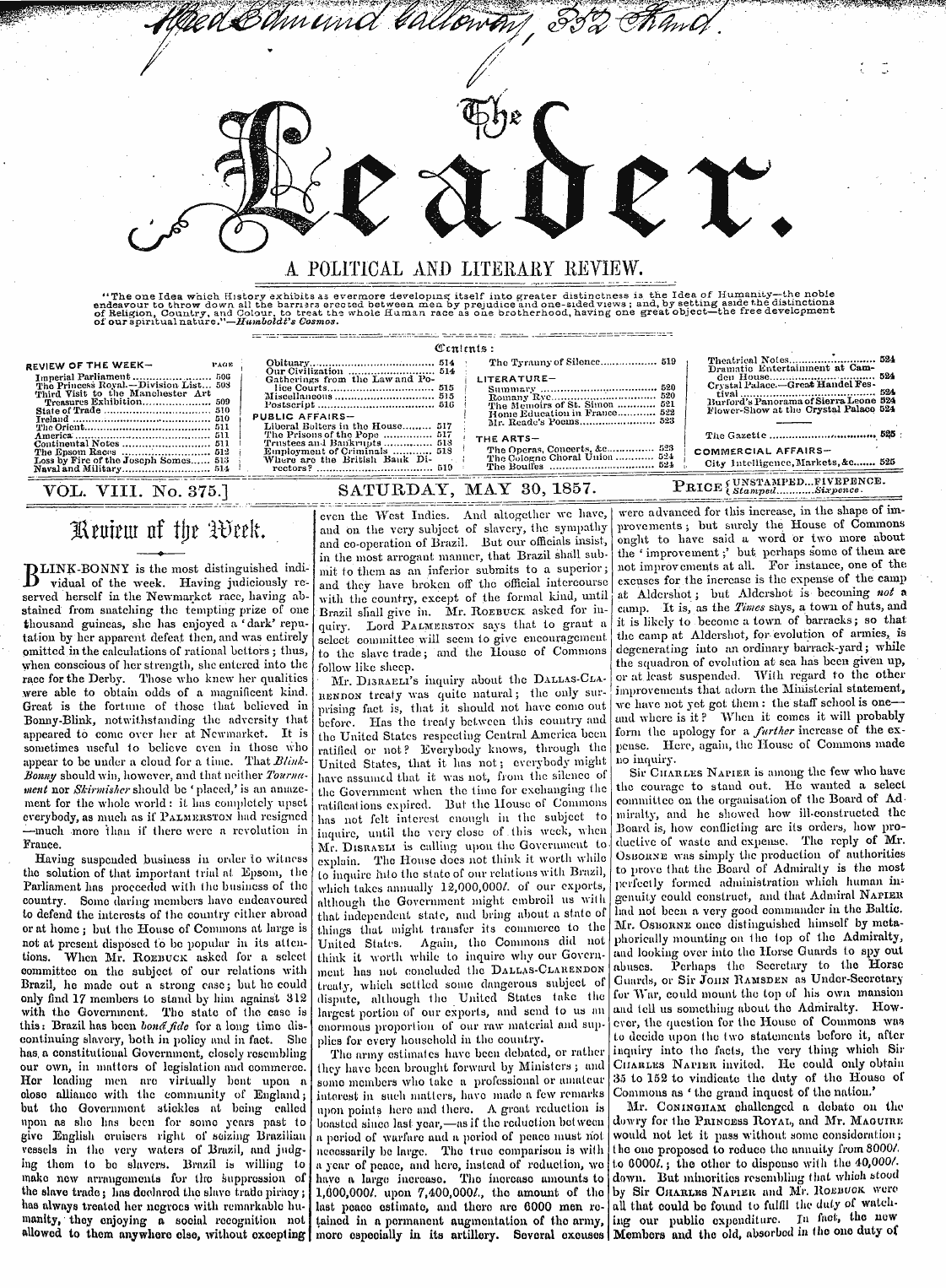 Leader (1850-1860): jS F Y, 2nd edition - " Vcxl. Viii. No/375.1 " Saturday; " May...
