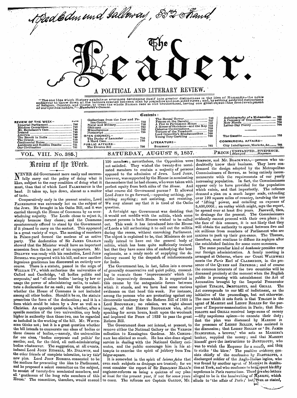 Leader (1850-1860): jS F Y, 2nd edition - Vol. Viii. No. 386.1 Saturday, August 8,...