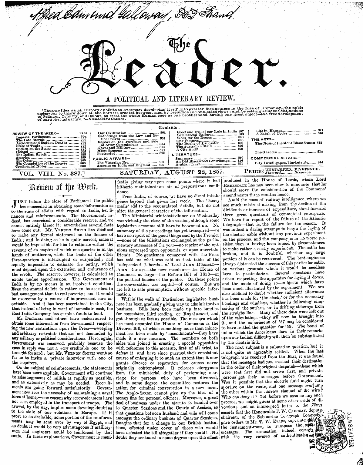 Leader (1850-1860): jS F Y, 2nd edition - Vol. Viii. No. 387.] ~~ Saturday, August...