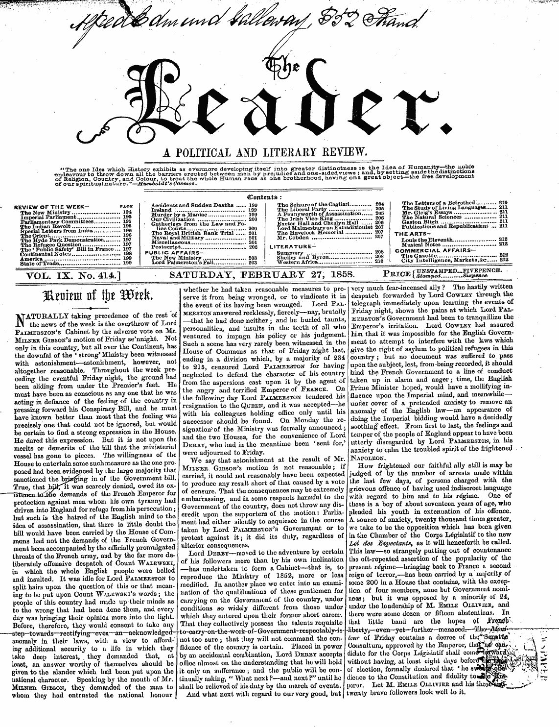 Leader (1850-1860): jS F Y, 2nd edition - Vol. Ix. No. 414,.] Saturday, February 2...
