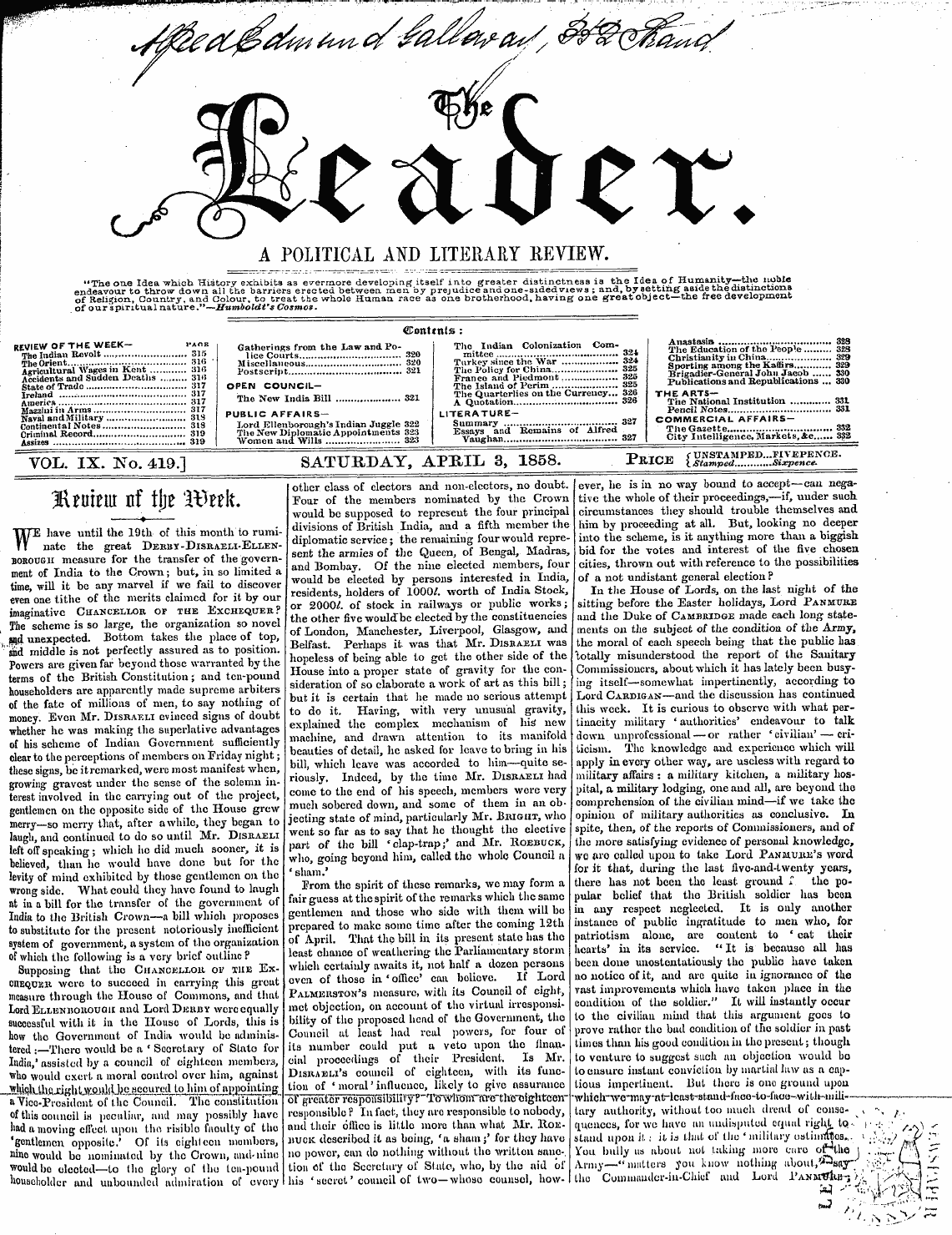 Leader (1850-1860): jS F Y, 2nd edition - J^A Ea'kt. Political And Literary Review...