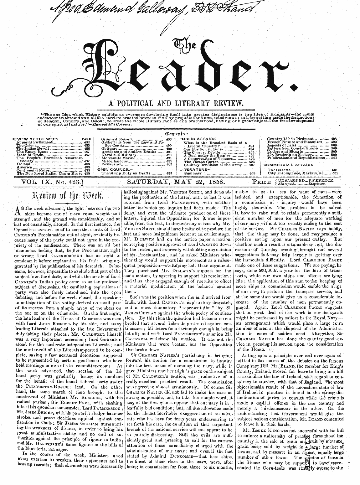 Leader (1850-1860): jS F Y, 2nd edition - Vol. Ix.,Yo. 426.] Saturday, May 22 ? 18...