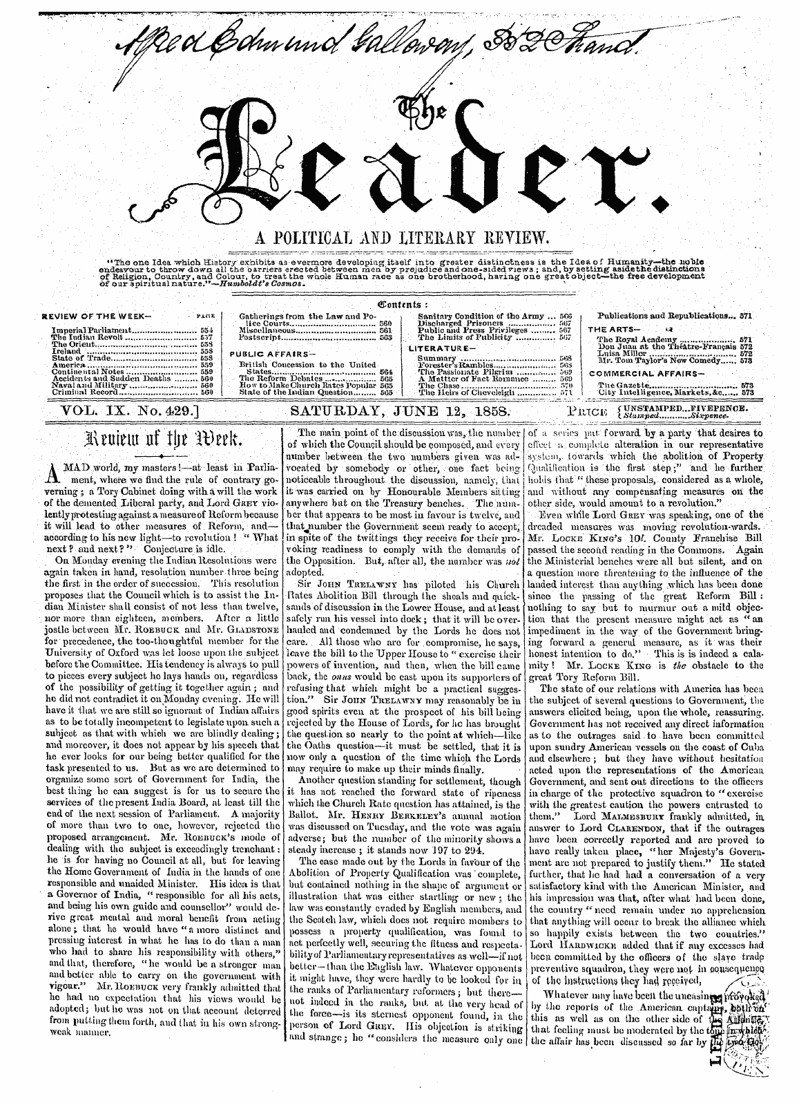 Leader (1850-1860): jS F Y, 2nd edition - Vol. Ix. No. 429.] Saturday, June 12, 18...