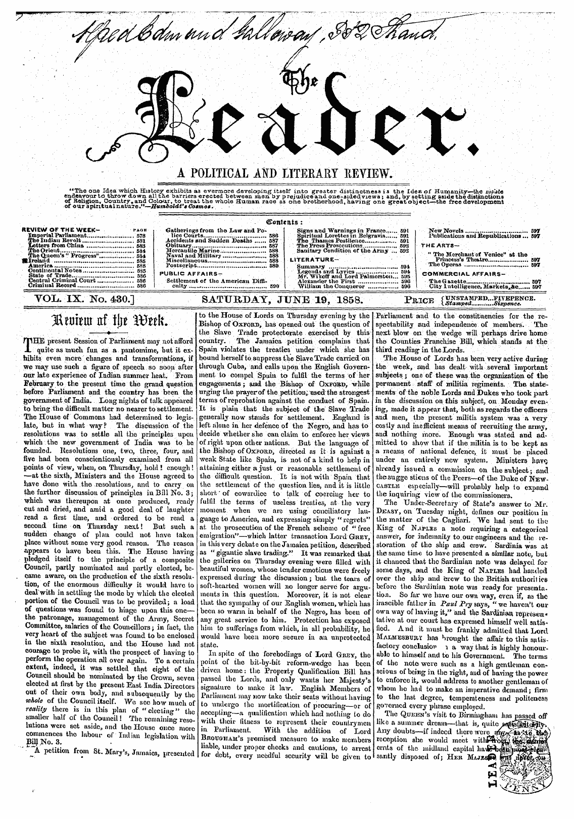 Leader (1850-1860): jS F Y, 2nd edition - Vol. Ix. No. 430.] Saturday, June 19, 18...