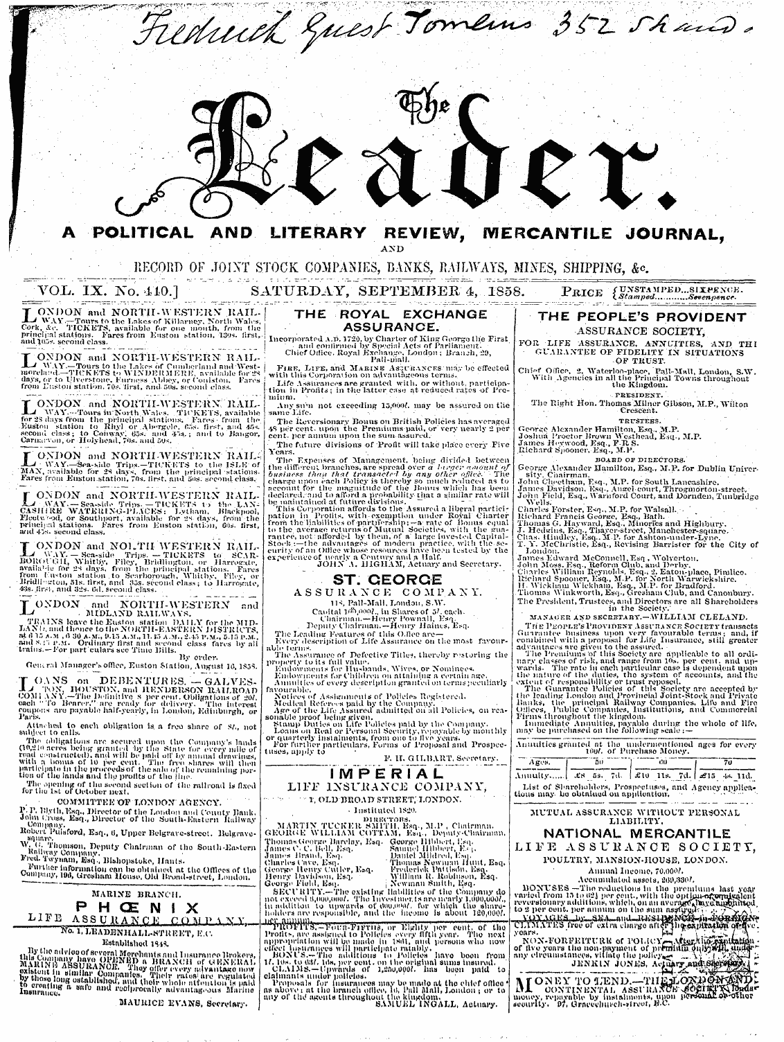 Leader (1850-1860): jS F Y, 2nd edition - ~^J Oll - ~ Tx. No. 410.] _ " " Satup^Da...