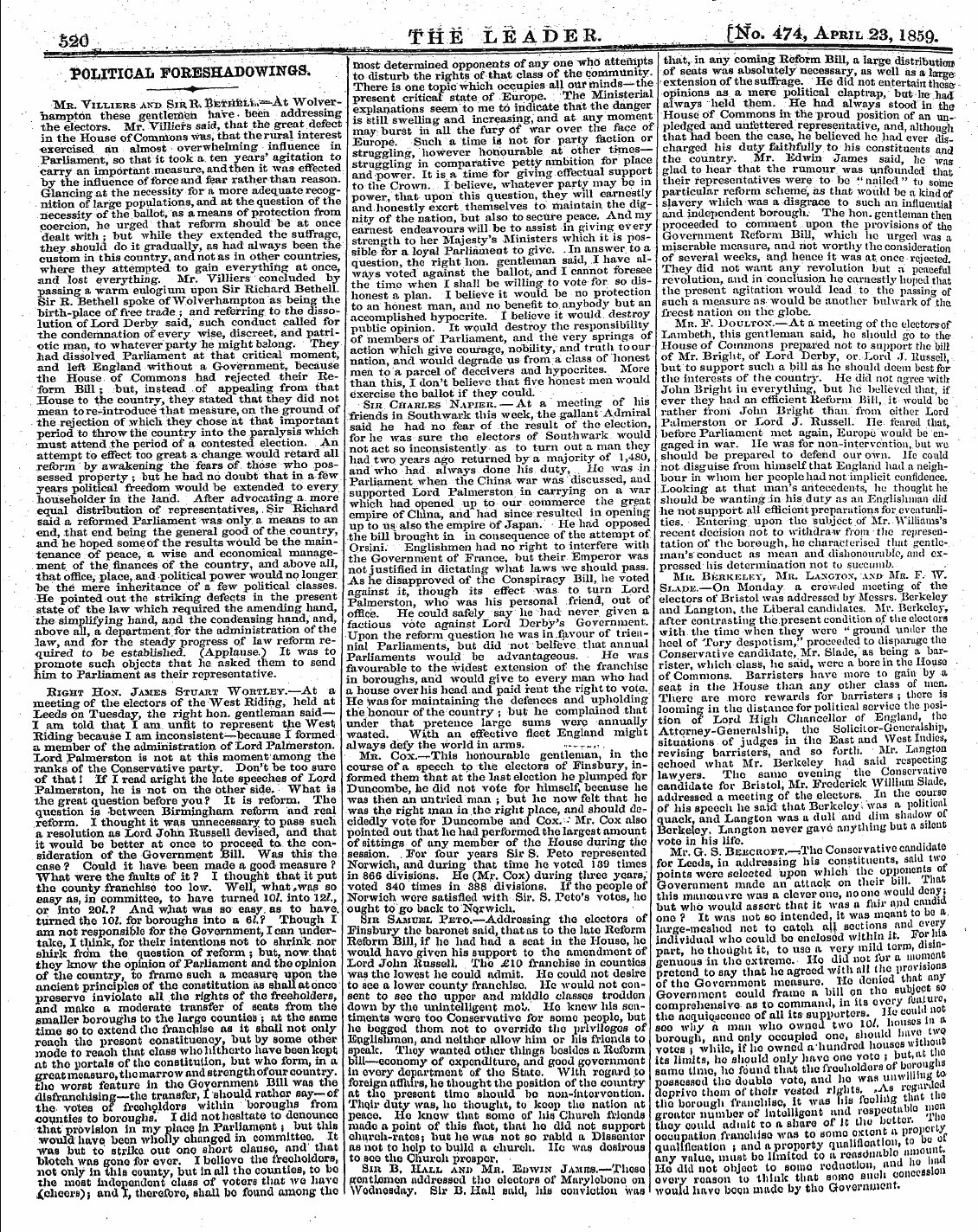 Leader (1850-1860): jS F Y, 2nd edition - Sm Ffie Leader. |Ho> 474, April 23, 1859...
