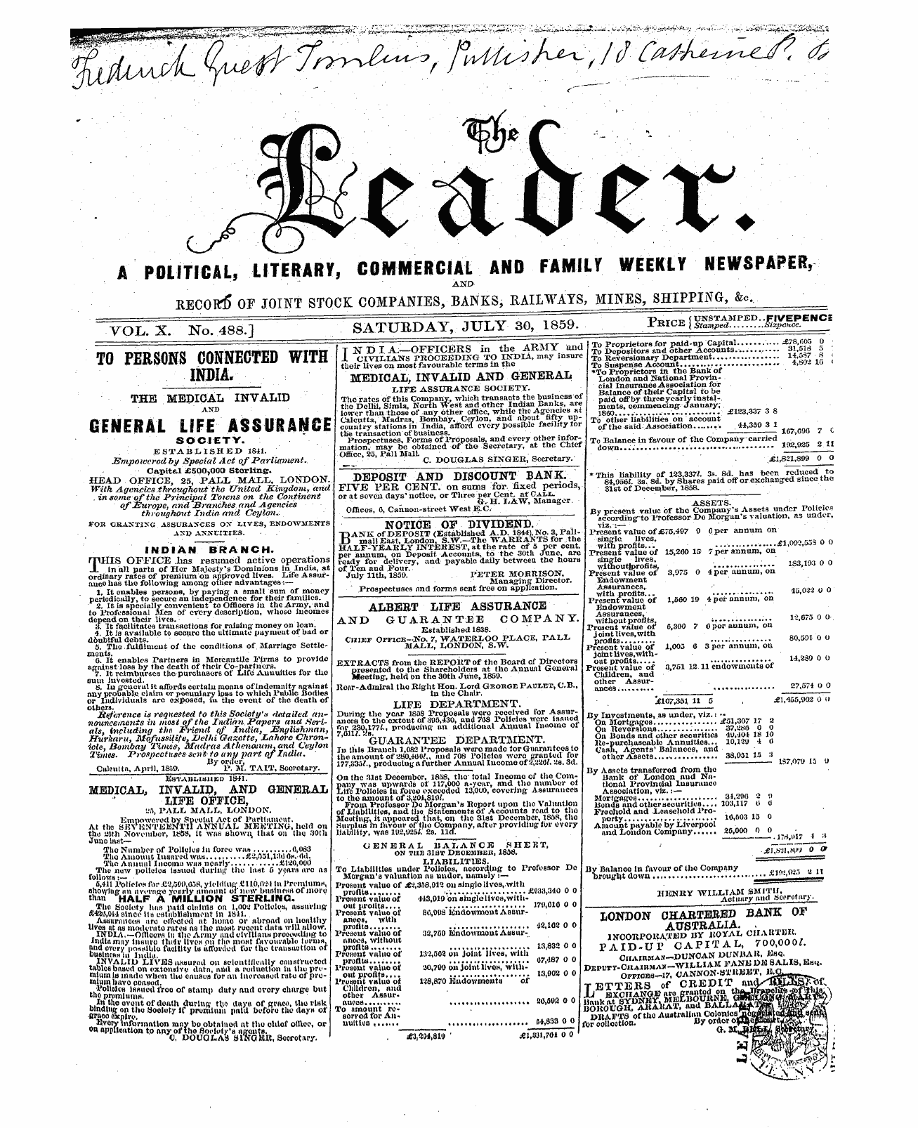 Leader (1850-1860): jS F Y, 2nd edition - Yol.X No. 488.] Saturday, July 30, 1859....
