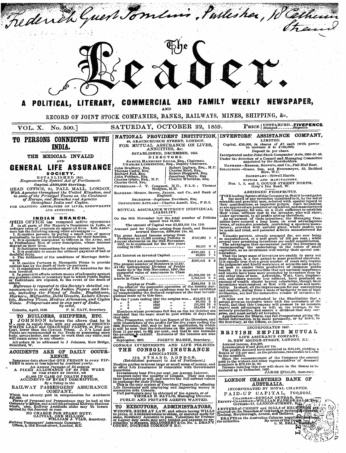 Leader (1850-1860): jS F Y, 2nd edition - To Persons Connected With India.