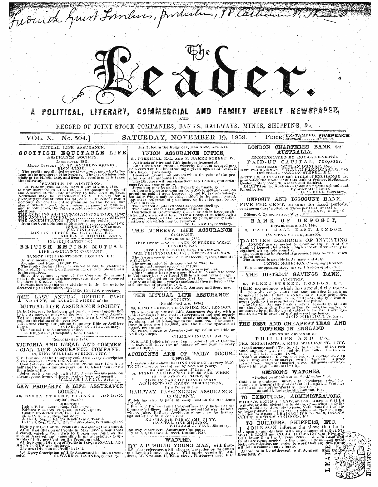 Leader (1850-1860): jS F Y, 2nd edition - " .'Ku . .. , At Flvi^Nr^X 7 ,\ W. » Lau...