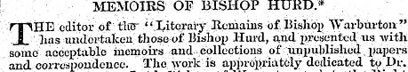 MEMOIRS OF BISHOP HURD* THE editor of tl...