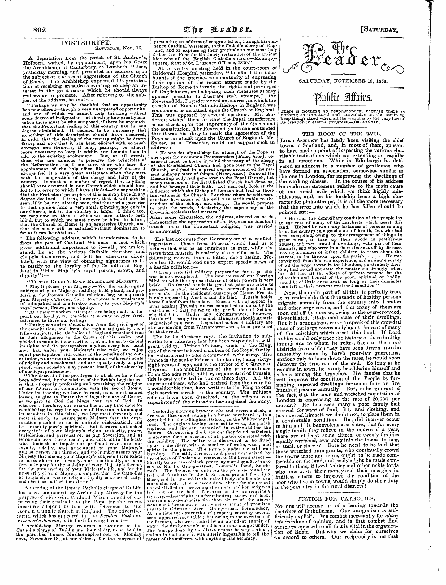 Leader (1850-1860): jS F Y, Town edition - Postscbipt. Saturday, Nov. 16.