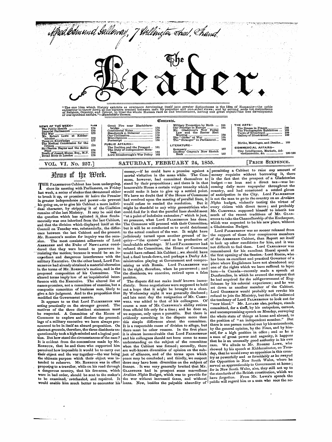Leader (1850-1860): jS F Y, 1st edition - Contents.