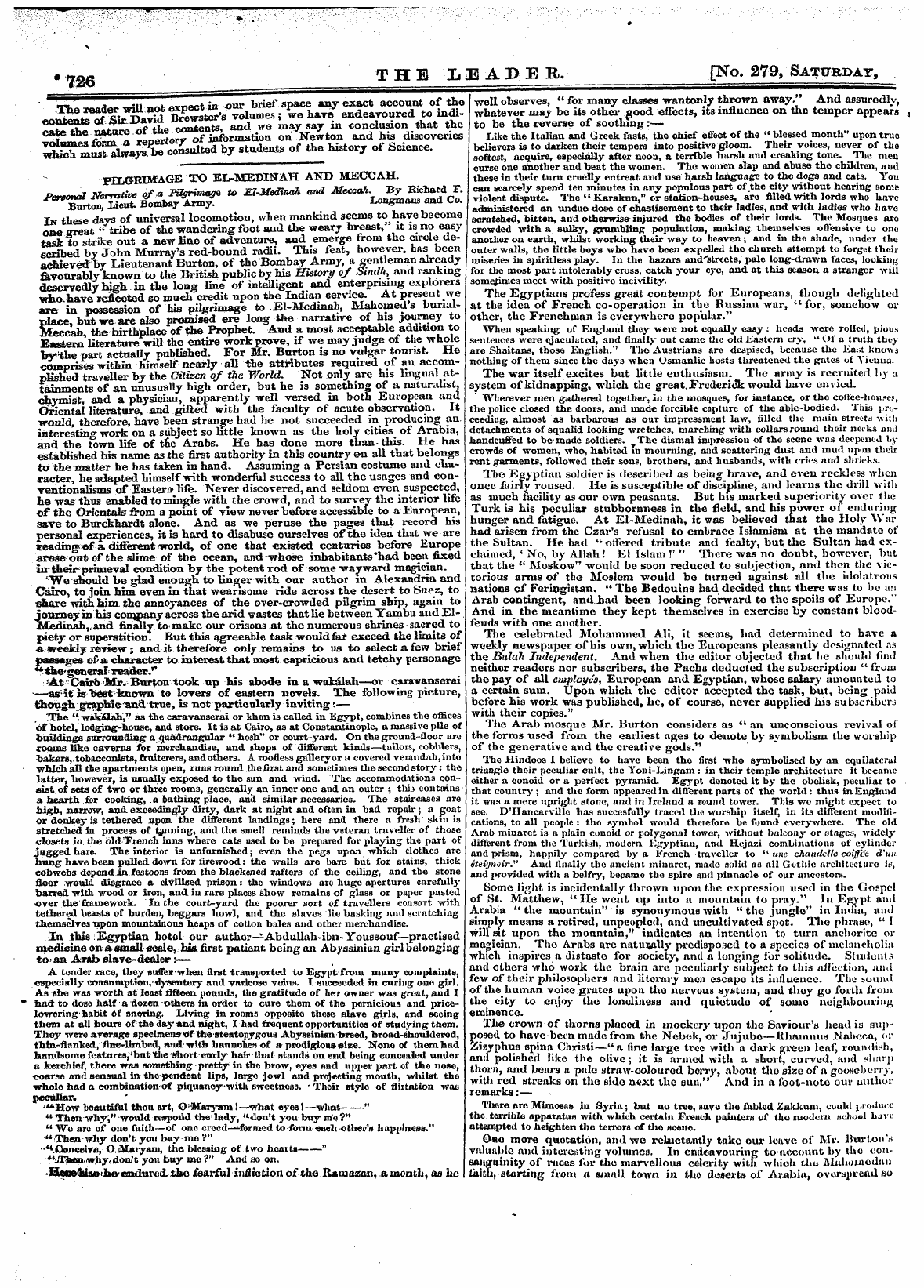 Leader (1850-1860): jS F Y, 1st edition - • 726 Thb Leap.Eb. [No. 279, Satpbday,