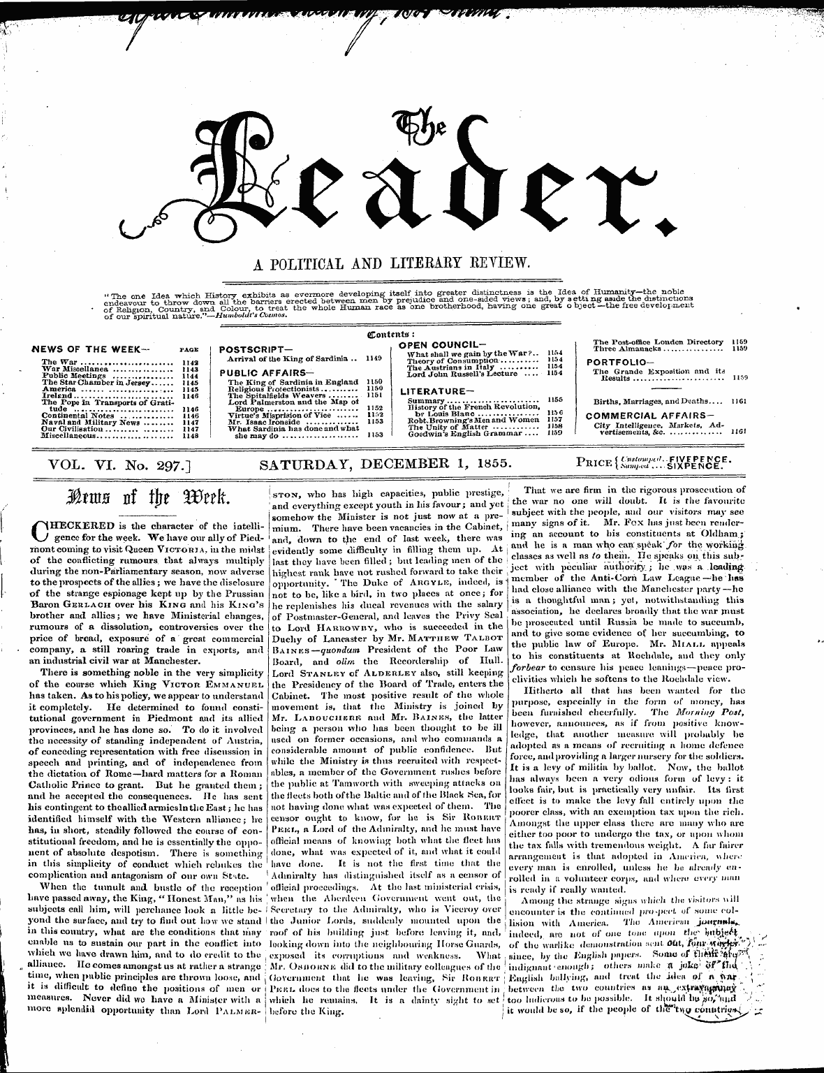 Leader (1850-1860): jS F Y, 1st edition - A Political And Literaky Eetiew.