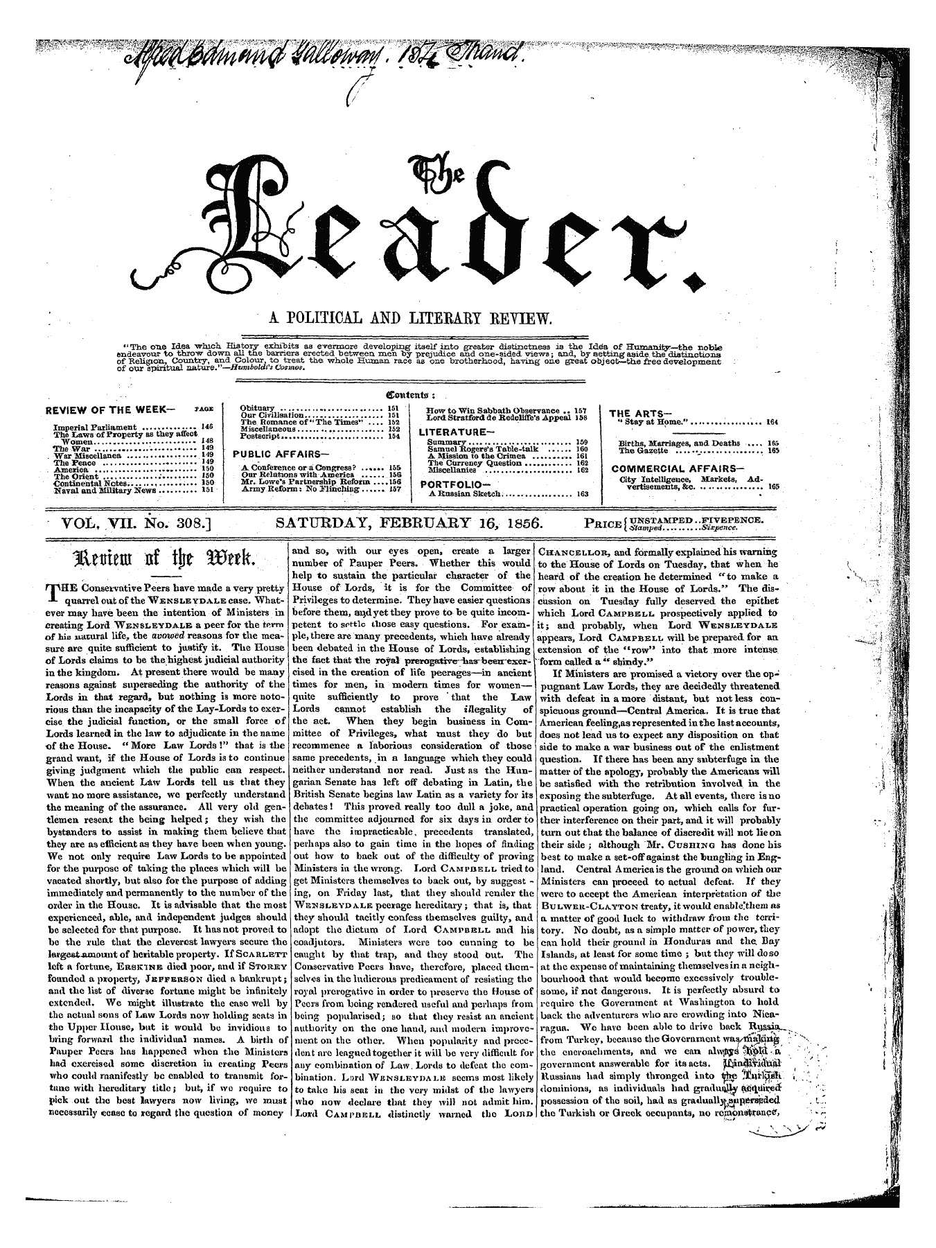 Leader (1850-1860): jS F Y, 1st edition - (F O / ~^3 V'-V Viv\ \ + A Political And Liteeart Eeyiew, Which