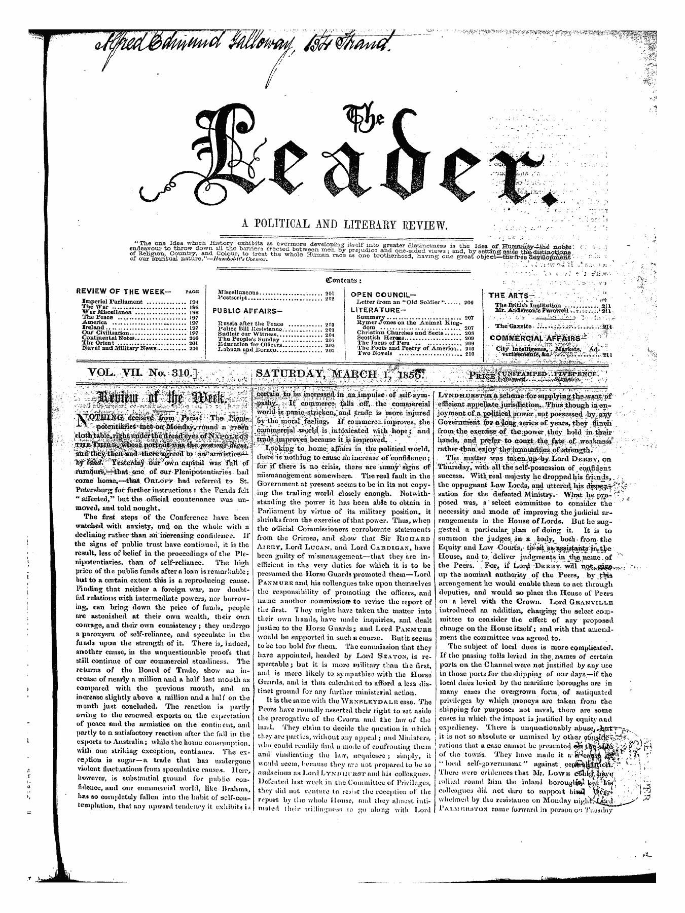 Leader (1850-1860): jS F Y, 1st edition - ^^ 7 "' ~ ^R ¦ . • :*• -. ¦ * R , : . - 1 Political And Literacy Eeyiew. ; ; . , , ^ ¦" '