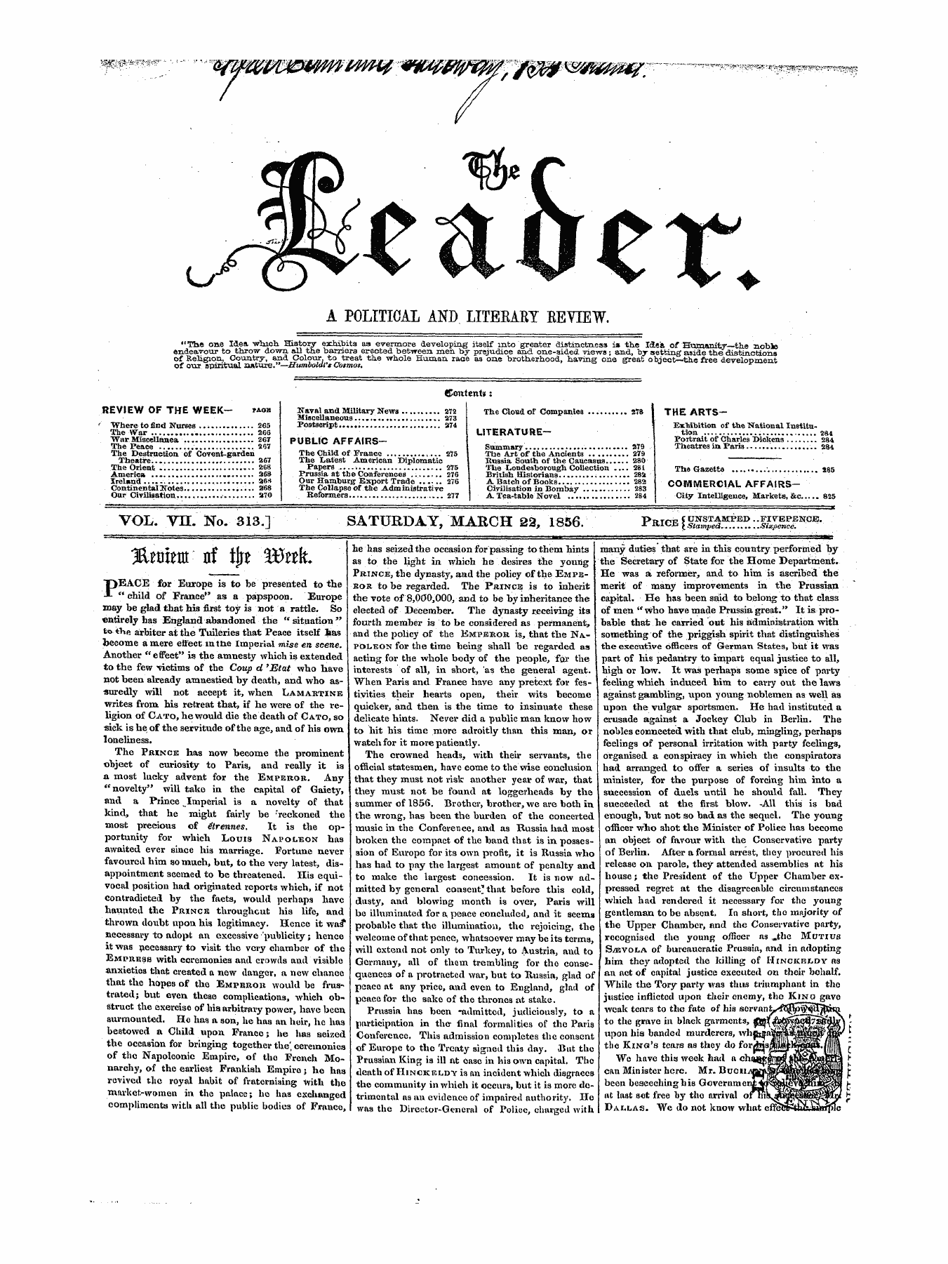 Leader (1850-1860): jS F Y, 1st edition - J&Raent Nf Tfre Wnk.