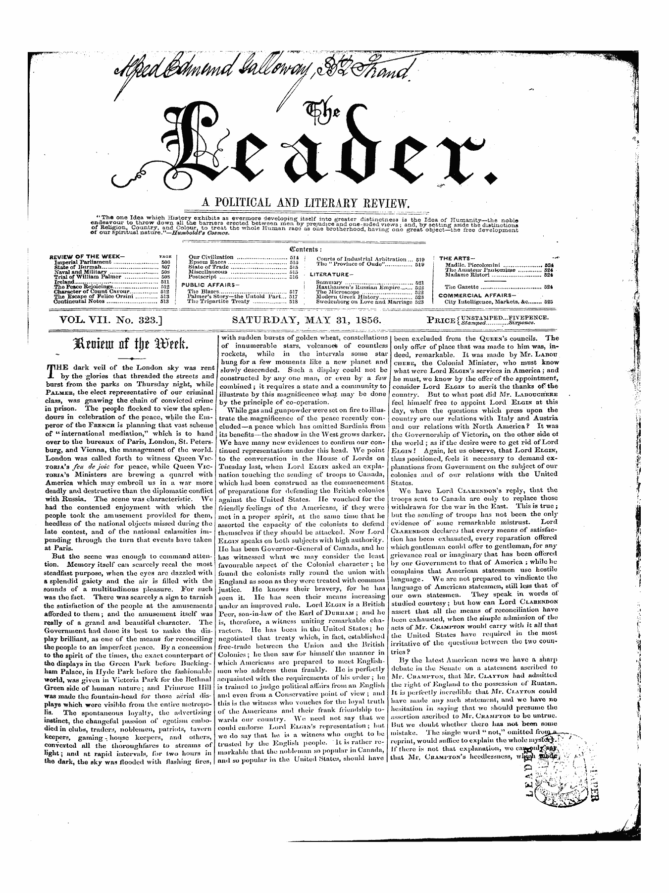 Leader (1850-1860): jS F Y, 1st edition - I Contents: