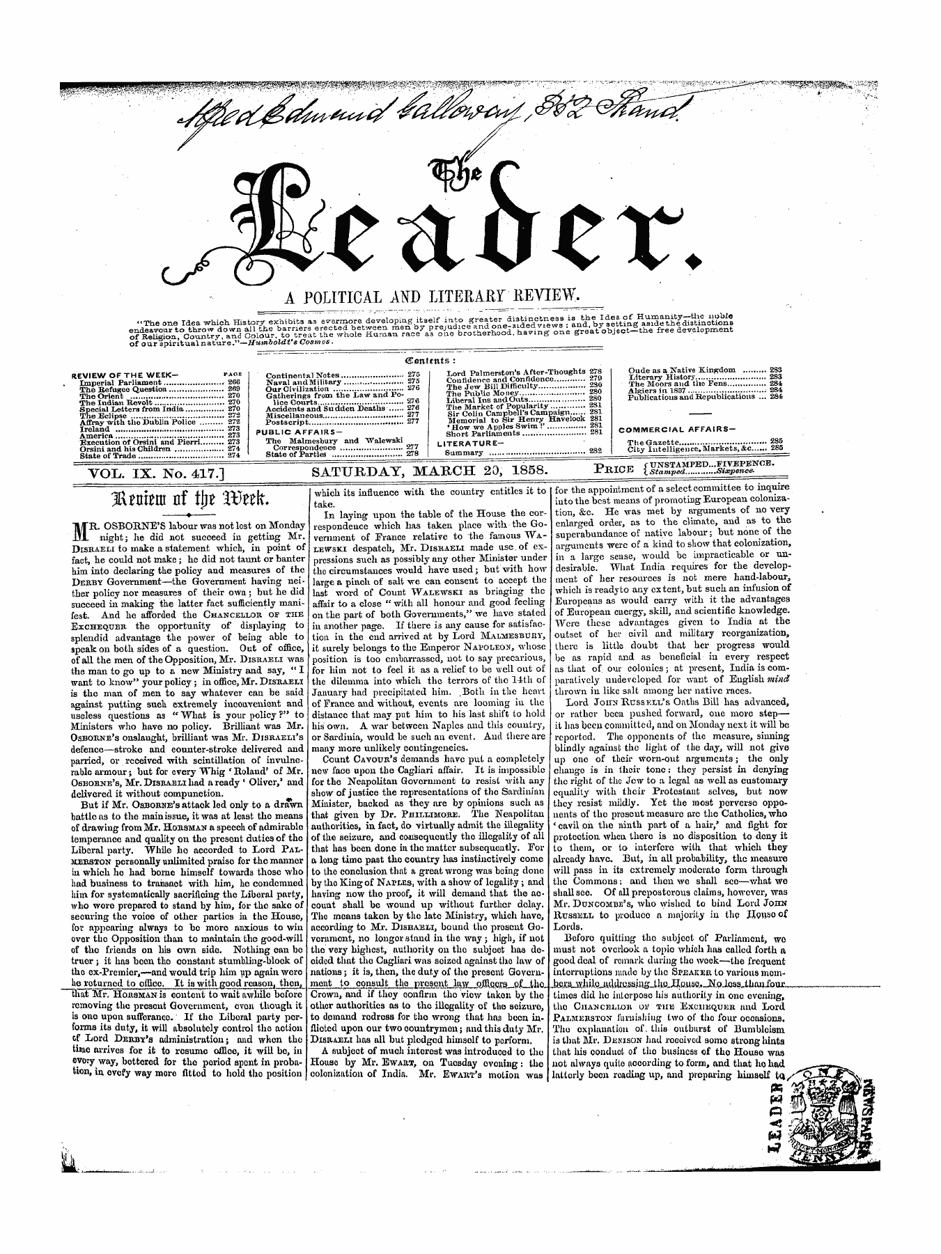 Leader (1850-1860): jS F Y, 1st edition - 3rraenr Of Tttf Wnk.