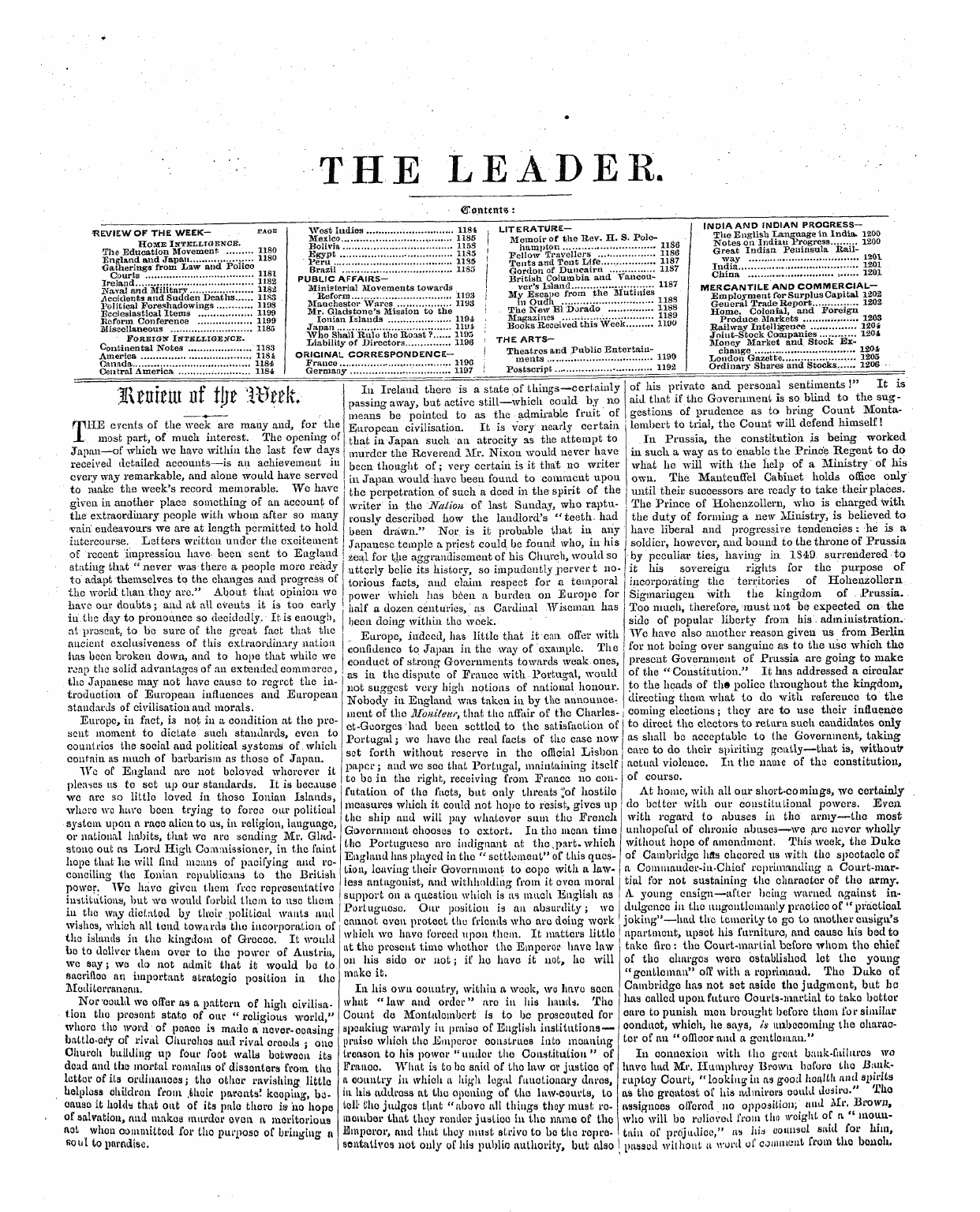 Leader (1850-1860): jS F Y, 1st edition - Contents: