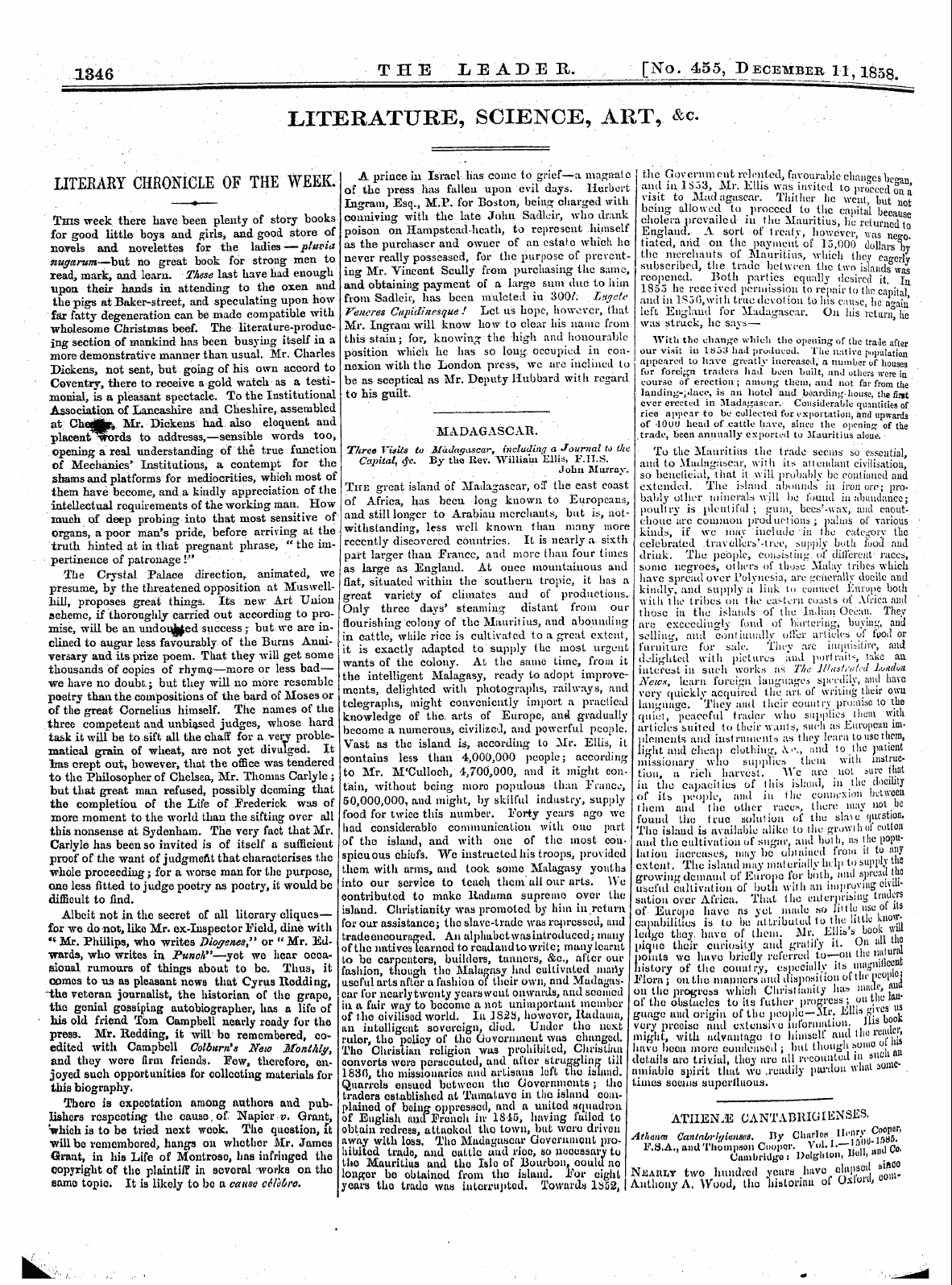 Leader (1850-1860): jS F Y, 1st edition - Literature, Science, Art, &C.