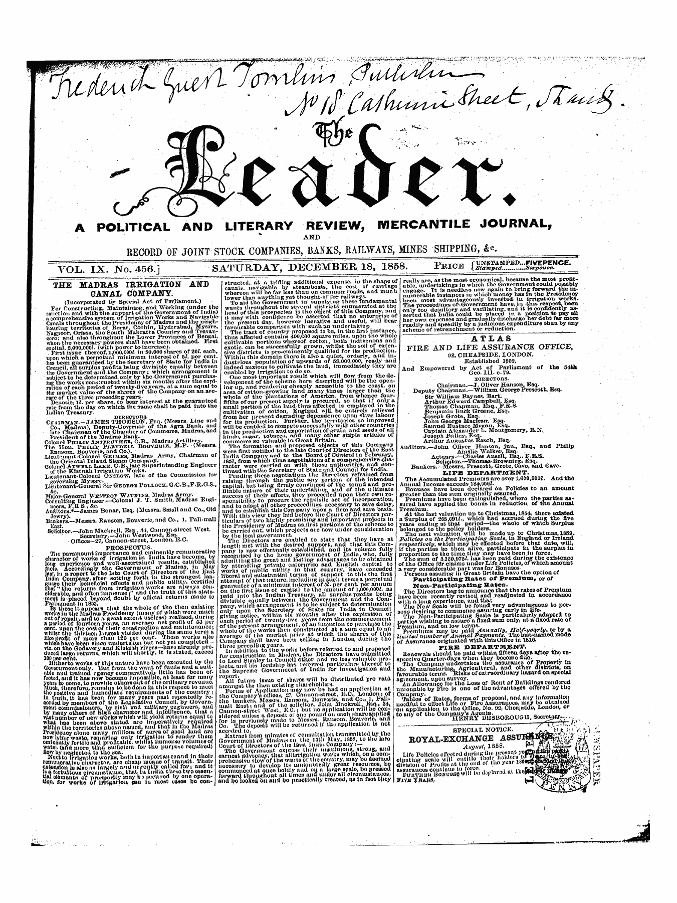 Leader (1850-1860): jS F Y, 1st edition - The Madras Irrigation And Canal Company.
