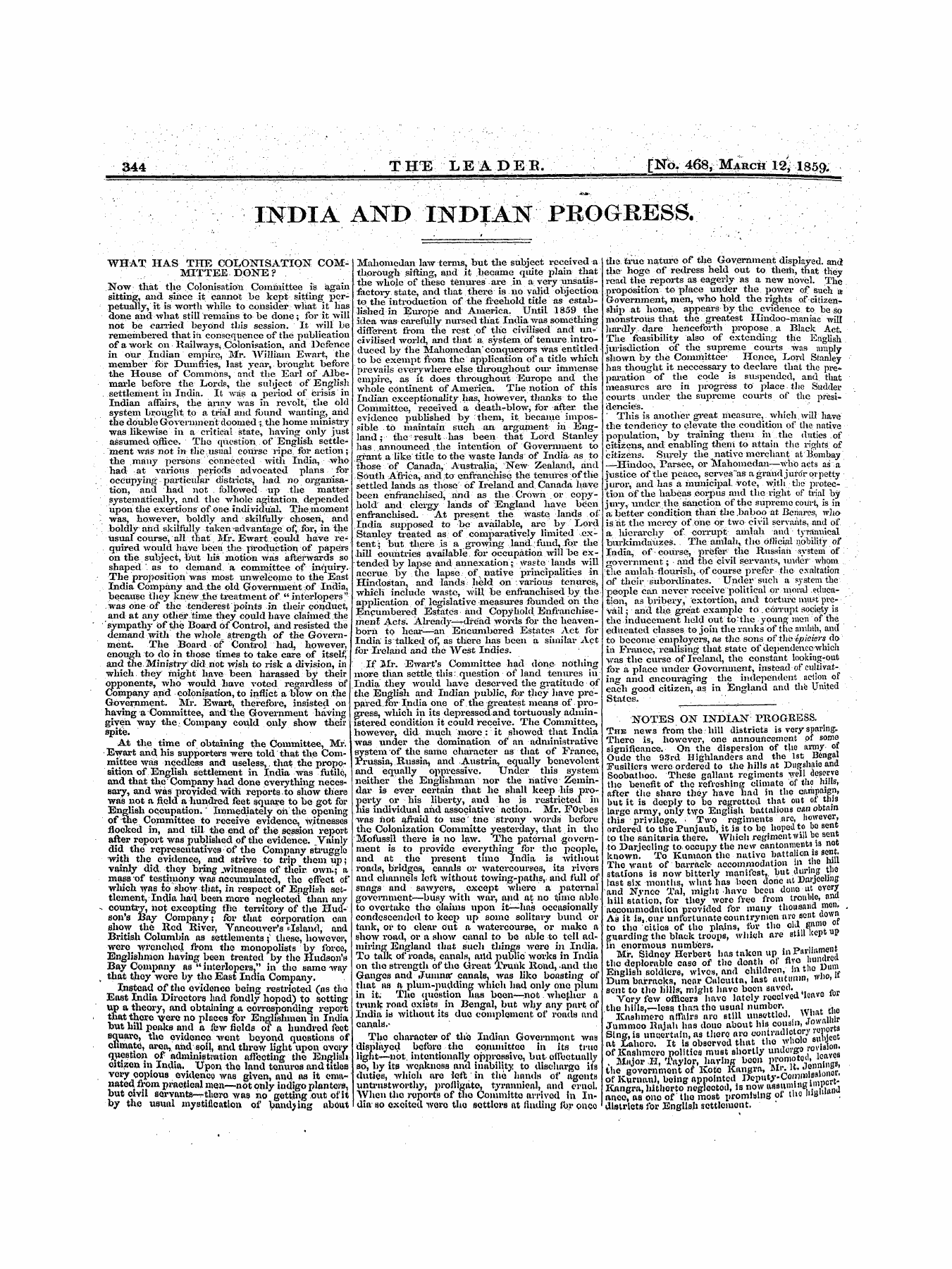 Leader (1850-1860): jS F Y, 1st edition - Esfdja And Indiah Progress.