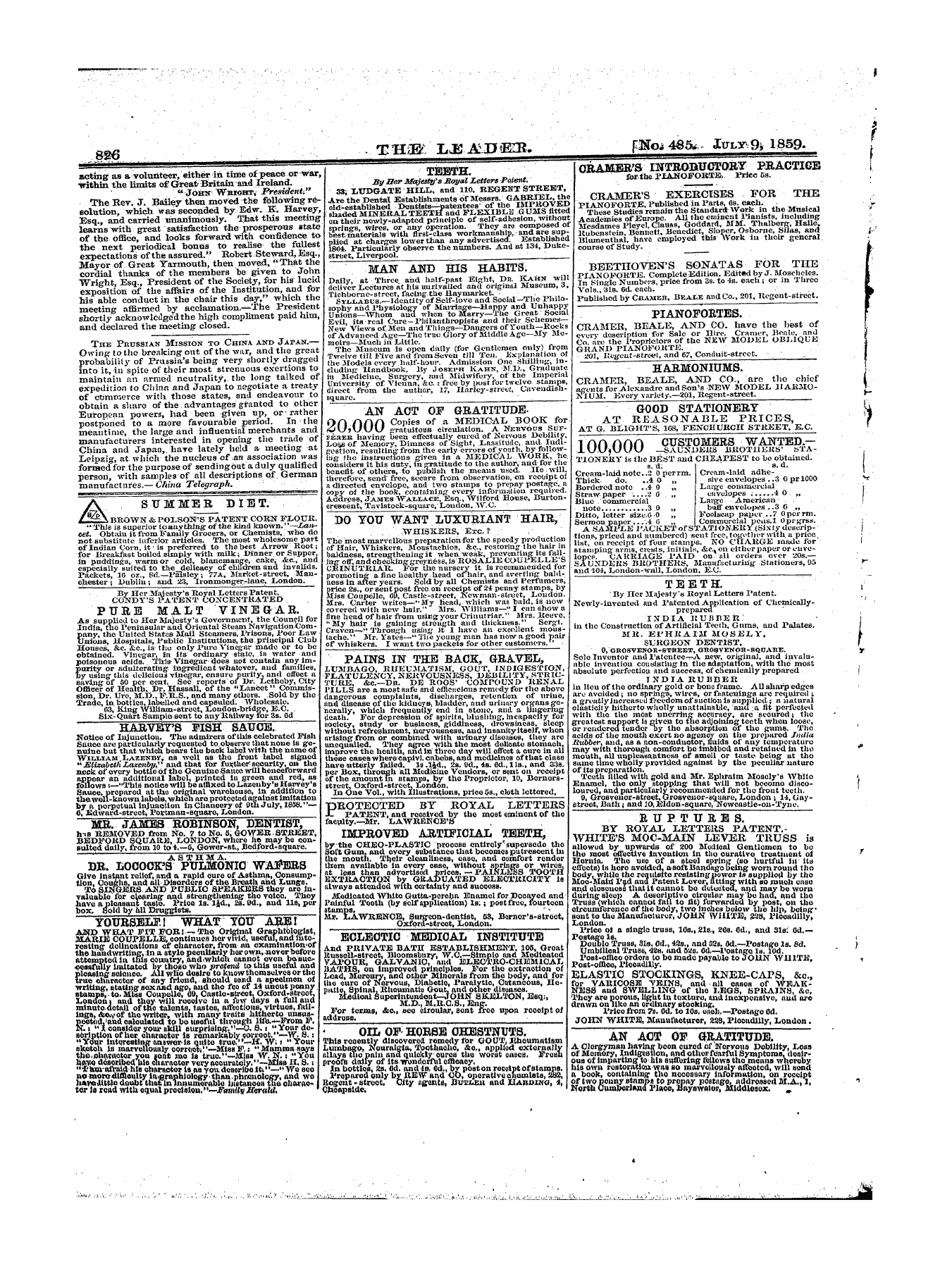 Leader (1850-1860): jS F Y, 1st edition - A Summer Diet. Jlo-Q. Brown & Polson's Patent Corn Flour.